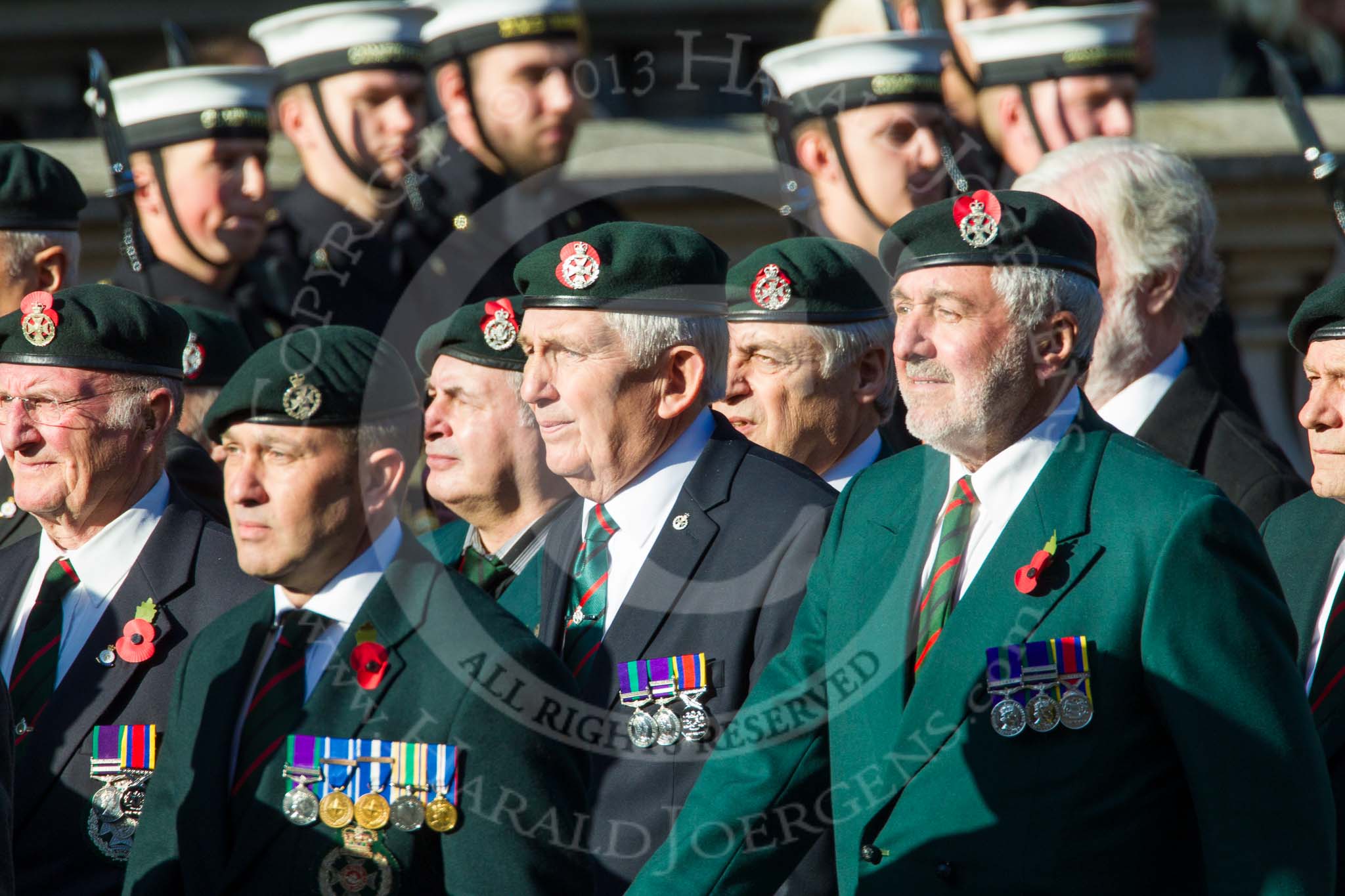 Remembrance Sunday at the Cenotaph in London 2014: Group A9 - Royal Green Jackets Association.
Press stand opposite the Foreign Office building, Whitehall, London SW1,
London,
Greater London,
United Kingdom,
on 09 November 2014 at 12:01, image #1177