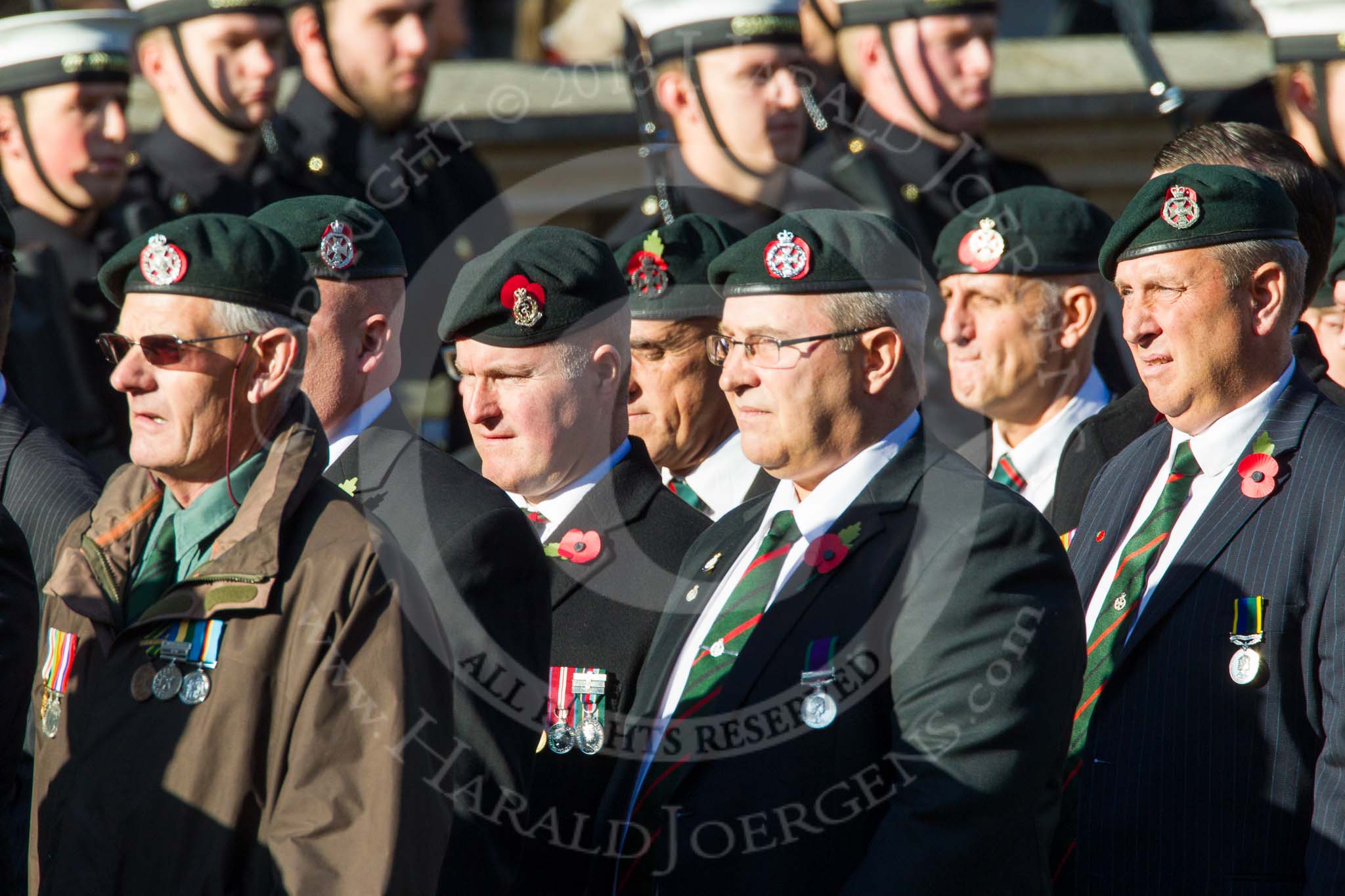 Remembrance Sunday at the Cenotaph in London 2014: Group A9 - Royal Green Jackets Association.
Press stand opposite the Foreign Office building, Whitehall, London SW1,
London,
Greater London,
United Kingdom,
on 09 November 2014 at 12:01, image #1180