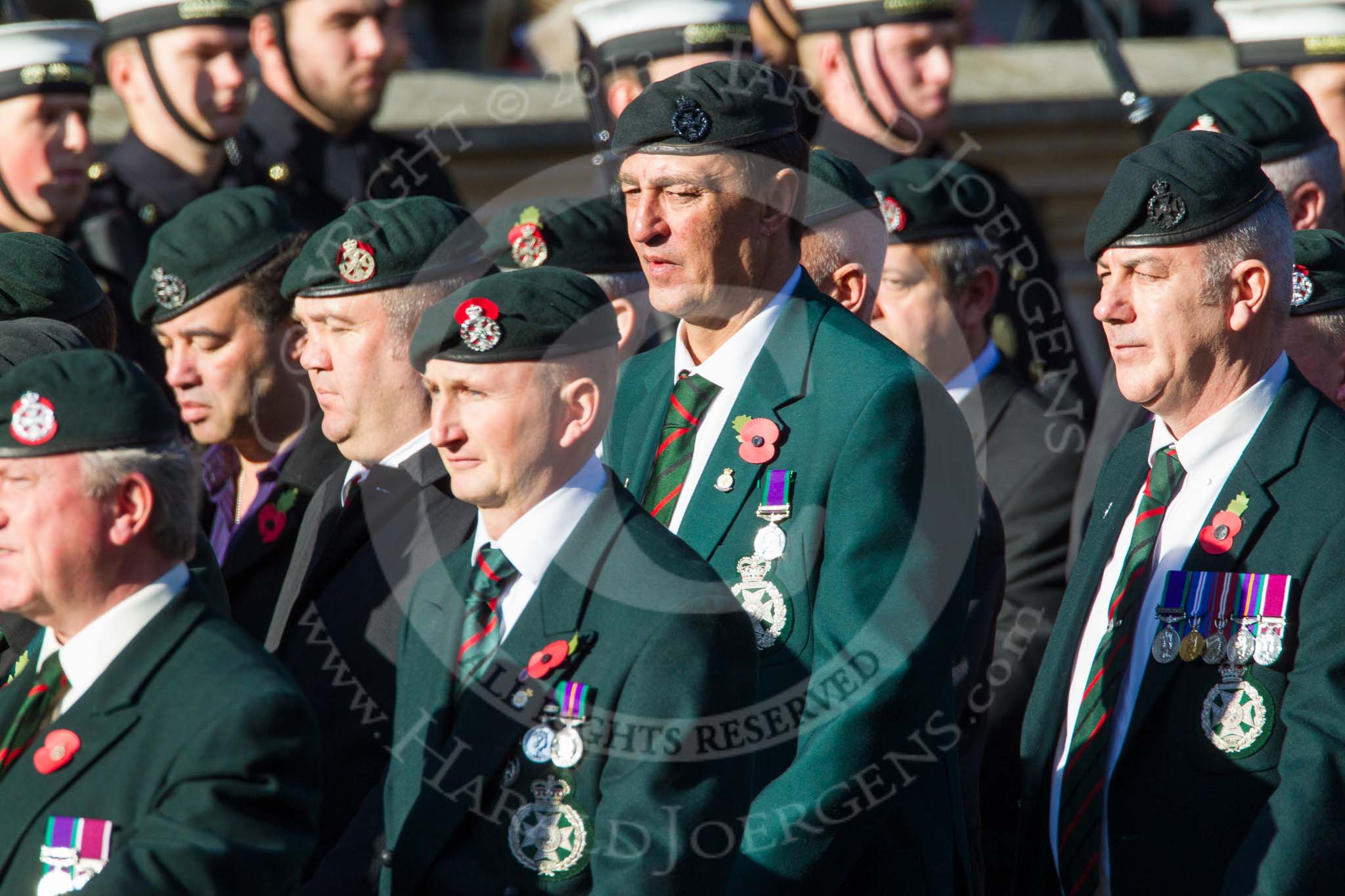 Remembrance Sunday at the Cenotaph in London 2014: Group A9 - Royal Green Jackets Association.
Press stand opposite the Foreign Office building, Whitehall, London SW1,
London,
Greater London,
United Kingdom,
on 09 November 2014 at 12:01, image #1185