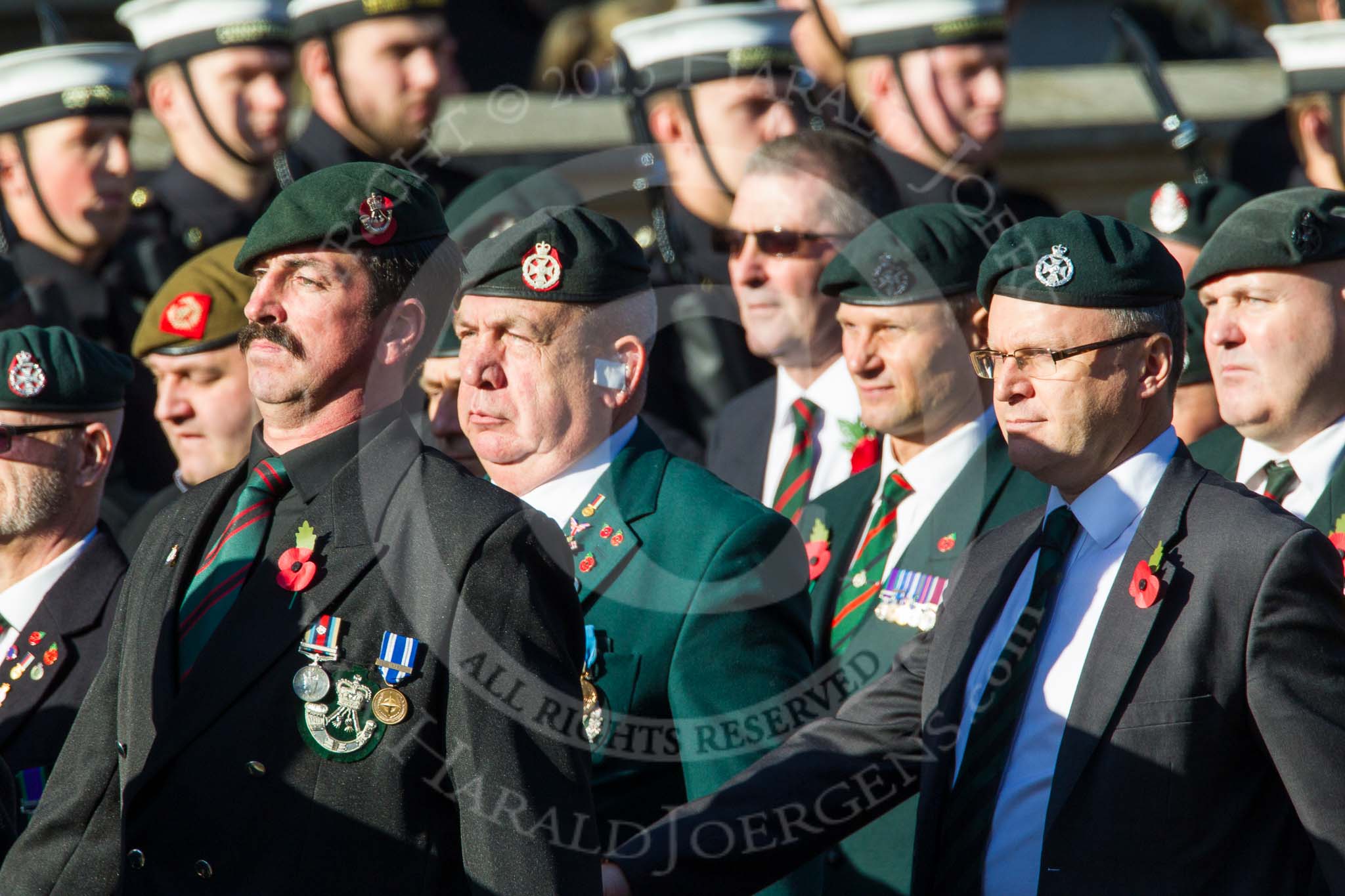 Remembrance Sunday at the Cenotaph in London 2014: Group A9 - Royal Green Jackets Association.
Press stand opposite the Foreign Office building, Whitehall, London SW1,
London,
Greater London,
United Kingdom,
on 09 November 2014 at 12:01, image #1198