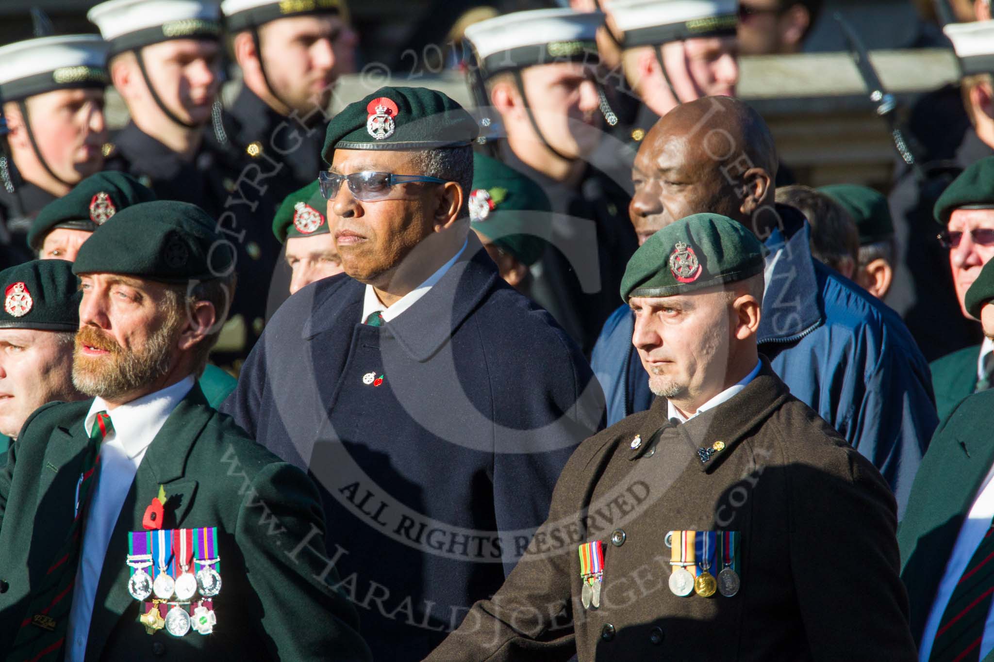 Remembrance Sunday at the Cenotaph in London 2014: Group A9 - Royal Green Jackets Association.
Press stand opposite the Foreign Office building, Whitehall, London SW1,
London,
Greater London,
United Kingdom,
on 09 November 2014 at 12:01, image #1201