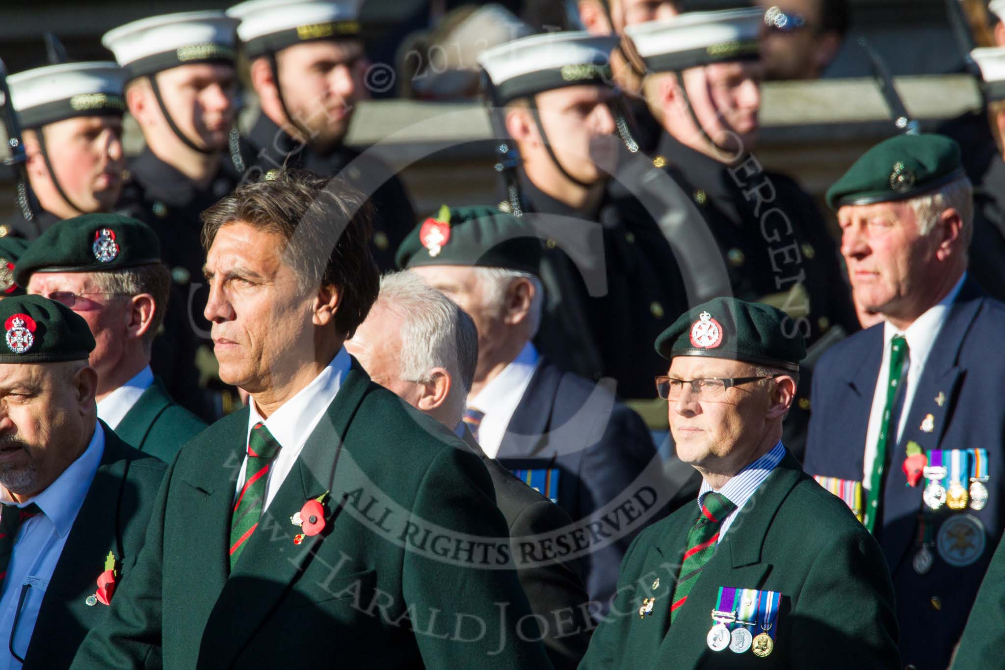 Remembrance Sunday at the Cenotaph in London 2014: Group A9 - Royal Green Jackets Association.
Press stand opposite the Foreign Office building, Whitehall, London SW1,
London,
Greater London,
United Kingdom,
on 09 November 2014 at 12:01, image #1204