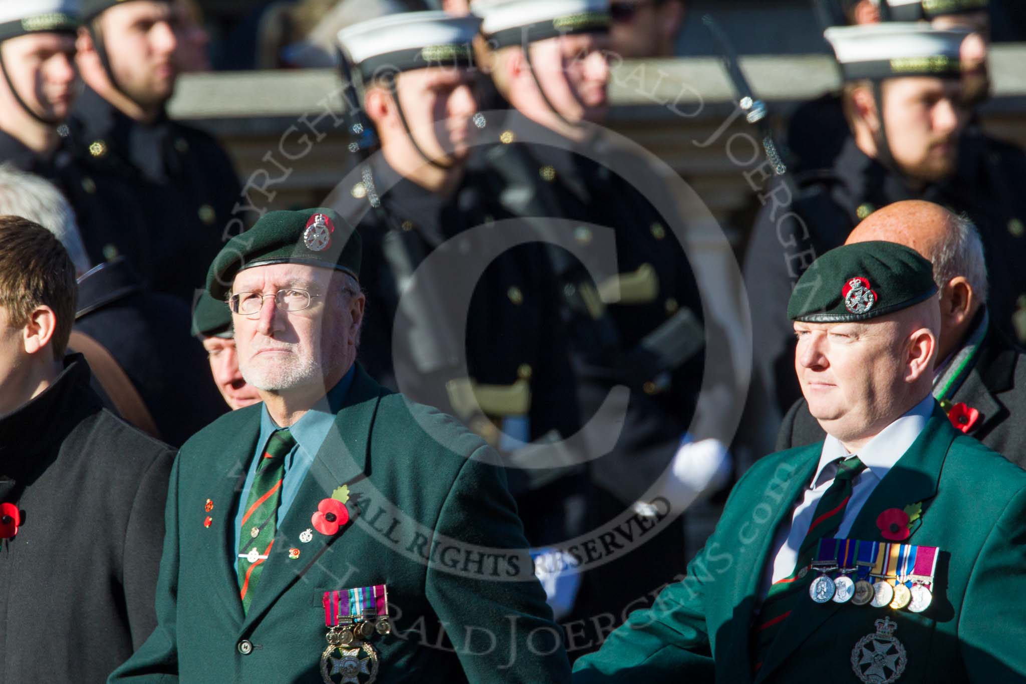 Remembrance Sunday at the Cenotaph in London 2014: Group A9 - Royal Green Jackets Association.
Press stand opposite the Foreign Office building, Whitehall, London SW1,
London,
Greater London,
United Kingdom,
on 09 November 2014 at 12:01, image #1208