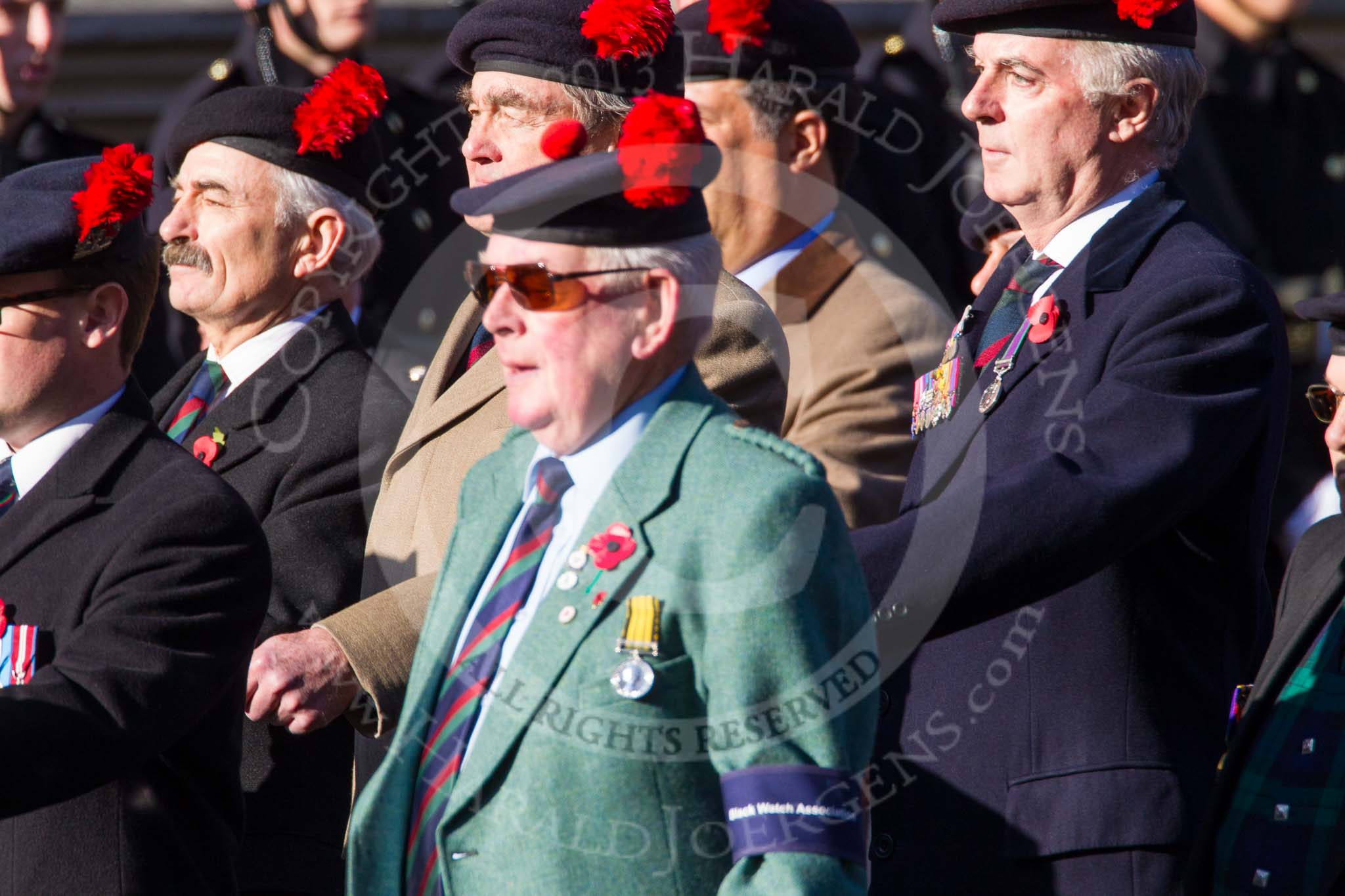 Remembrance Sunday at the Cenotaph in London 2014: Group A13 - Black Watch Association.
Press stand opposite the Foreign Office building, Whitehall, London SW1,
London,
Greater London,
United Kingdom,
on 09 November 2014 at 12:02, image #1273