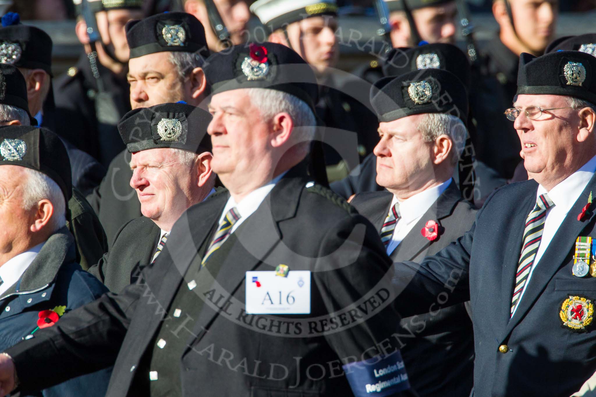Remembrance Sunday at the Cenotaph in London 2014: Group A16 - London Scottish Regimental Association.
Press stand opposite the Foreign Office building, Whitehall, London SW1,
London,
Greater London,
United Kingdom,
on 09 November 2014 at 12:03, image #1299