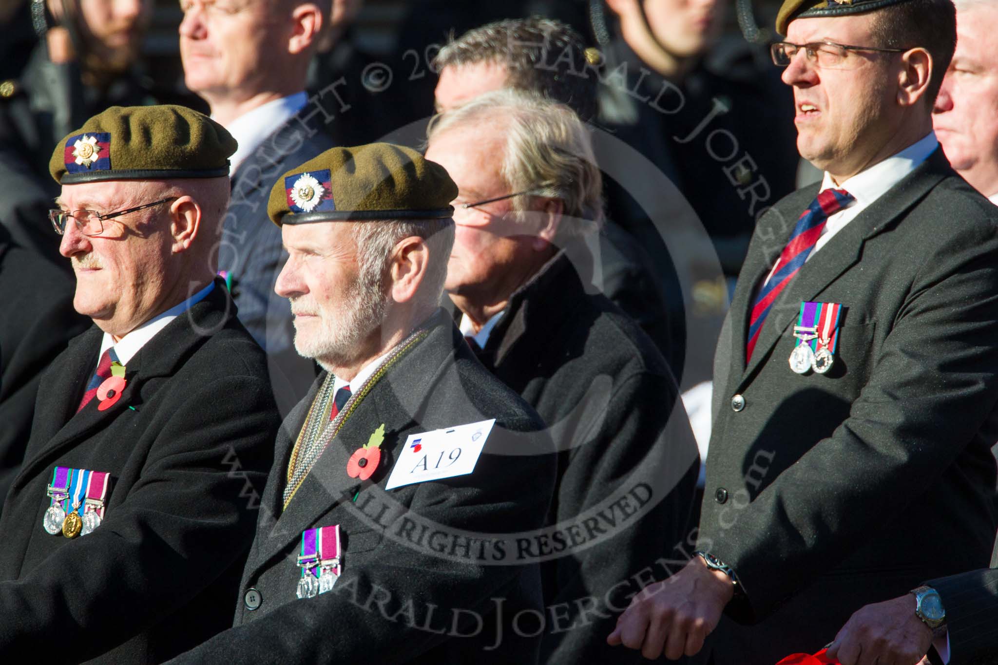 Remembrance Sunday at the Cenotaph in London 2014: Group A19 - Scots Guards Association.
Press stand opposite the Foreign Office building, Whitehall, London SW1,
London,
Greater London,
United Kingdom,
on 09 November 2014 at 12:03, image #1326