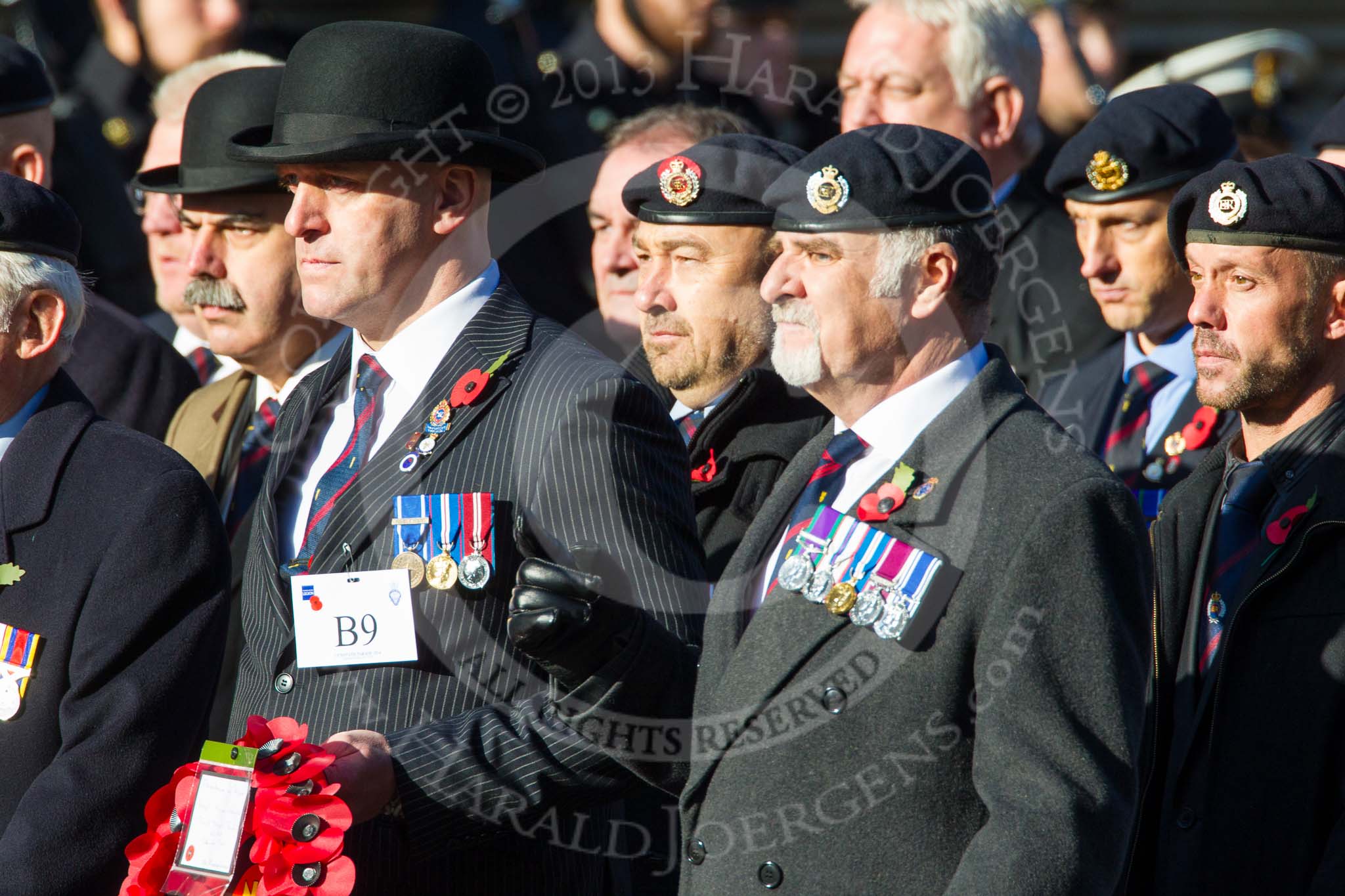 Remembrance Sunday at the Cenotaph in London 2014: Group B9 - Royal Engineers Bomb Disposal Association.
Press stand opposite the Foreign Office building, Whitehall, London SW1,
London,
Greater London,
United Kingdom,
on 09 November 2014 at 12:08, image #1579