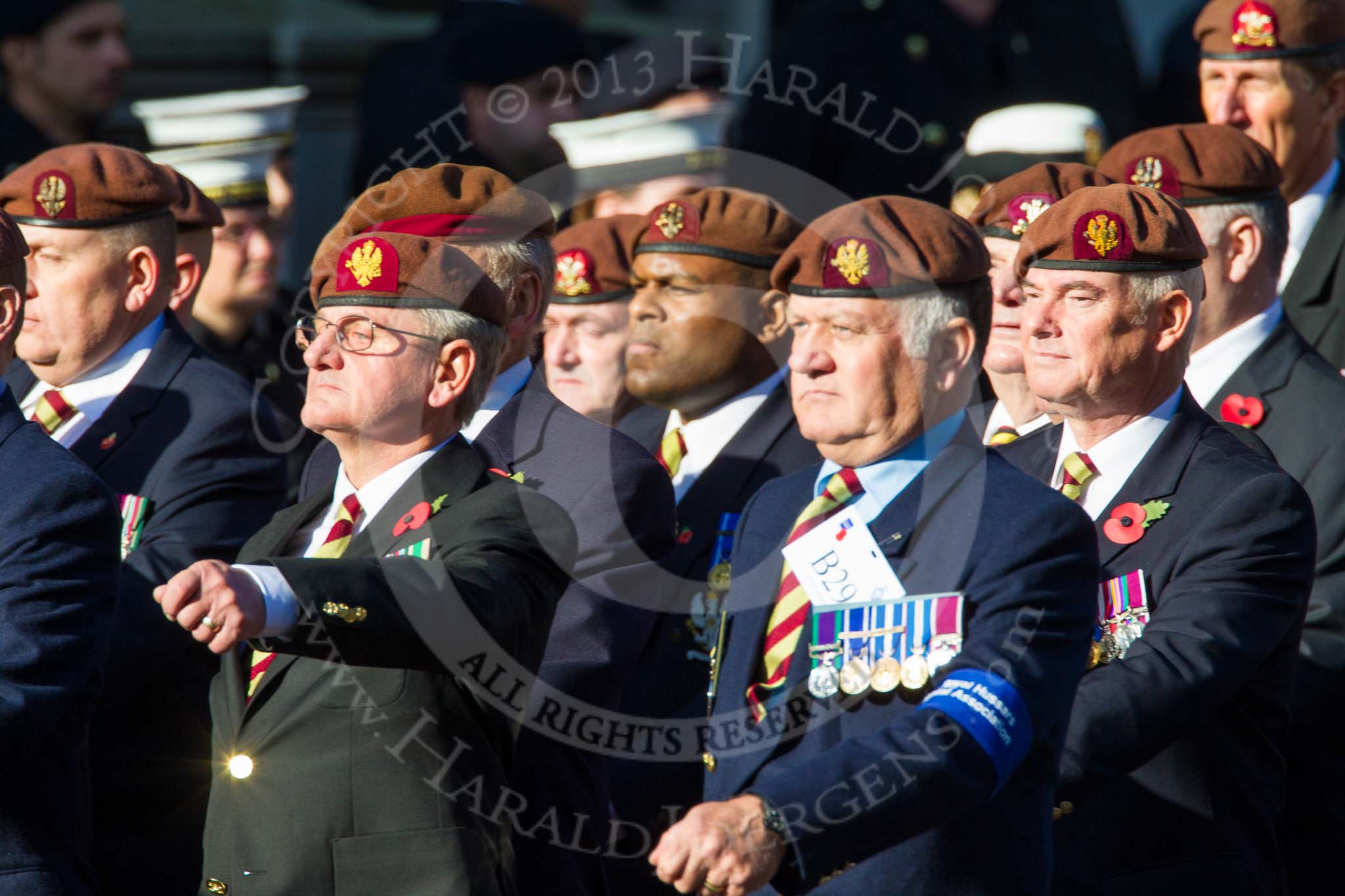 Remembrance Sunday at the Cenotaph in London 2014: Group B29 - Queen's Royal Hussars (The Queen's Own & Royal Irish).
Press stand opposite the Foreign Office building, Whitehall, London SW1,
London,
Greater London,
United Kingdom,
on 09 November 2014 at 12:12, image #1835
