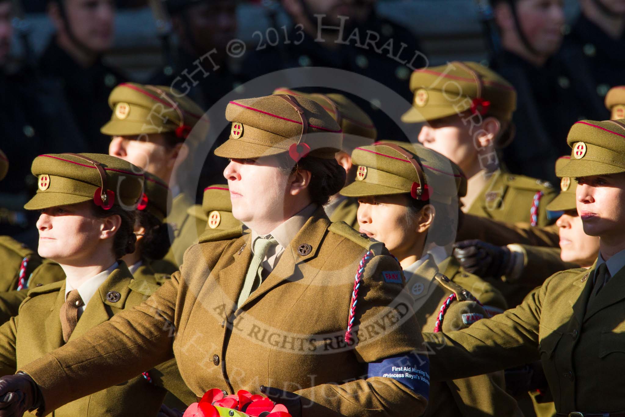 Remembrance Sunday at the Cenotaph in London 2014: Group M2 - First Aid Nursing Yeomanry (Princess Royal's Volunteers Corps).
Press stand opposite the Foreign Office building, Whitehall, London SW1,
London,
Greater London,
United Kingdom,
on 09 November 2014 at 12:15, image #1976