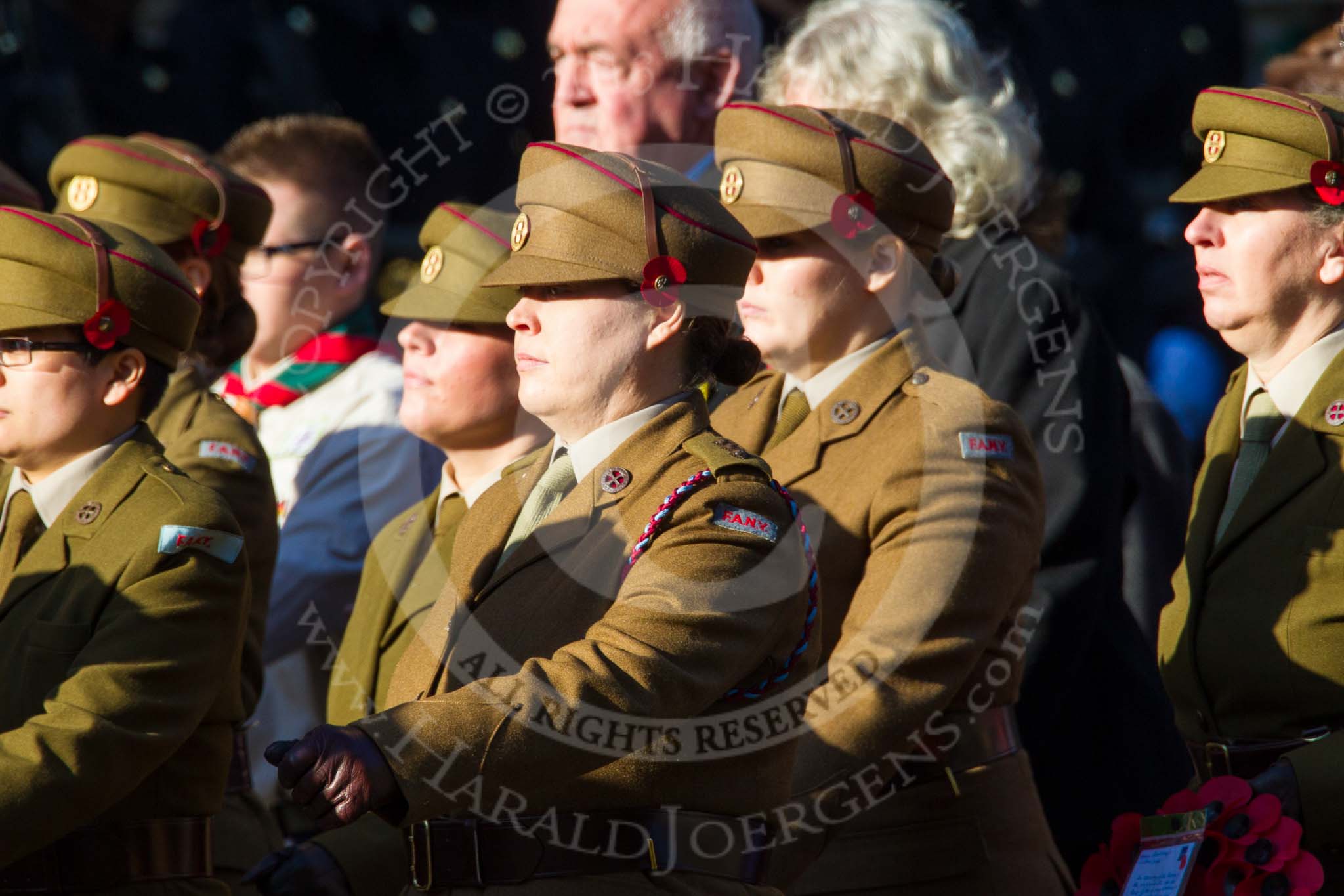 Remembrance Sunday at the Cenotaph in London 2014: Group M2 - First Aid Nursing Yeomanry (Princess Royal's Volunteers Corps).
Press stand opposite the Foreign Office building, Whitehall, London SW1,
London,
Greater London,
United Kingdom,
on 09 November 2014 at 12:15, image #1979