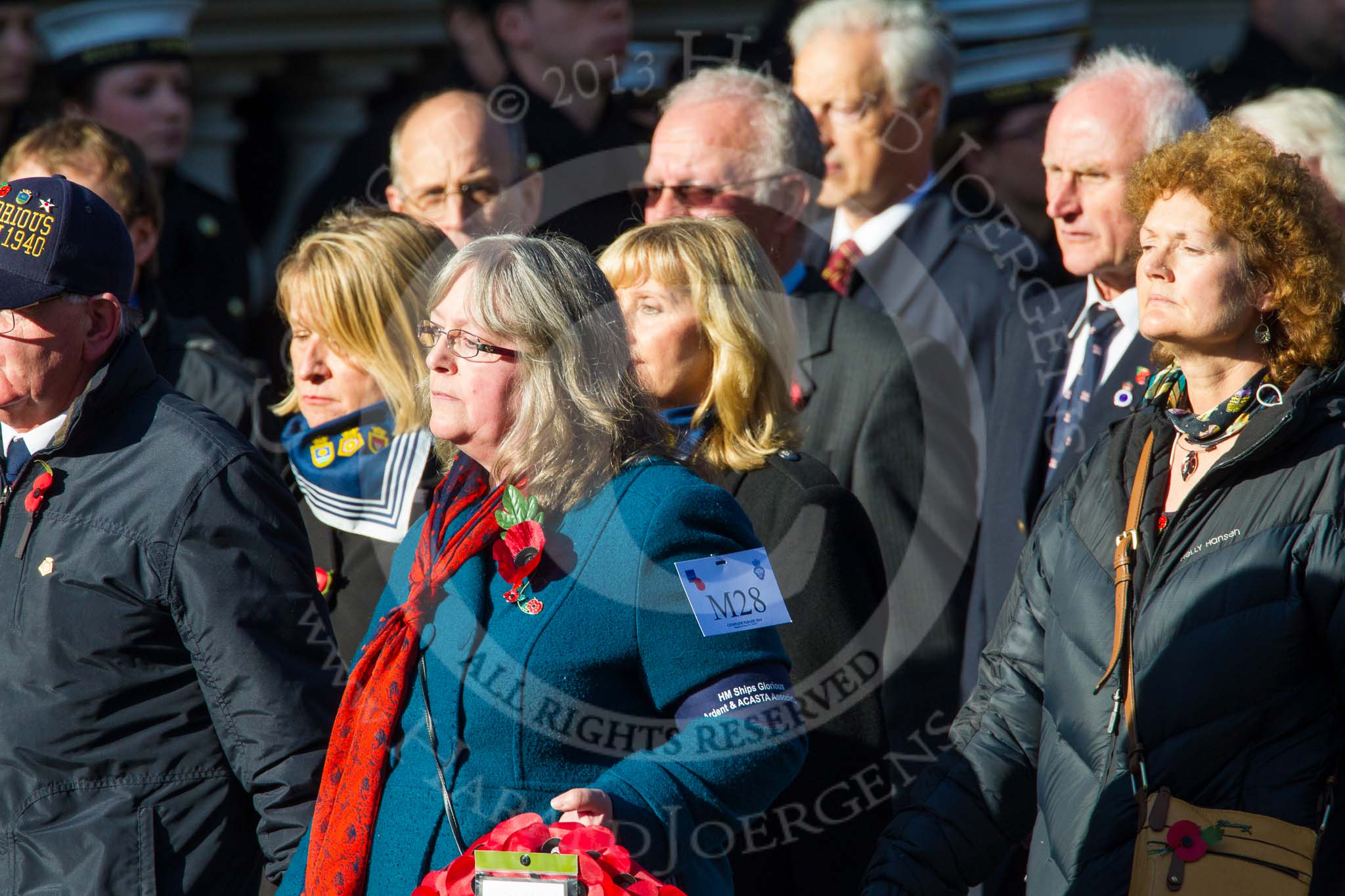 Remembrance Sunday at the Cenotaph in London 2014: Group M28 - HM Ships Glorious Ardent & ACASTA Association.
Press stand opposite the Foreign Office building, Whitehall, London SW1,
London,
Greater London,
United Kingdom,
on 09 November 2014 at 12:18, image #2215