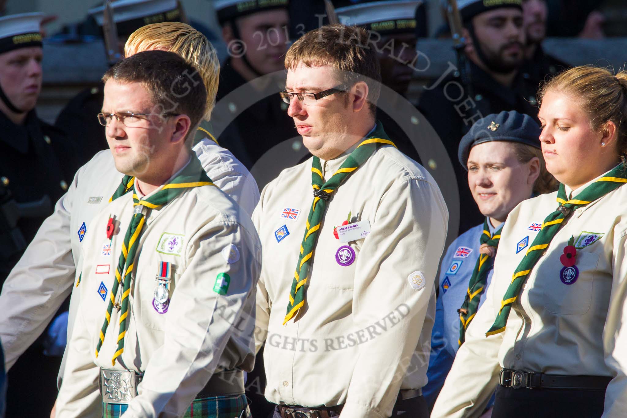 Remembrance Sunday at the Cenotaph in London 2014: Group M49 - Scout Association.
Press stand opposite the Foreign Office building, Whitehall, London SW1,
London,
Greater London,
United Kingdom,
on 09 November 2014 at 12:21, image #2309
