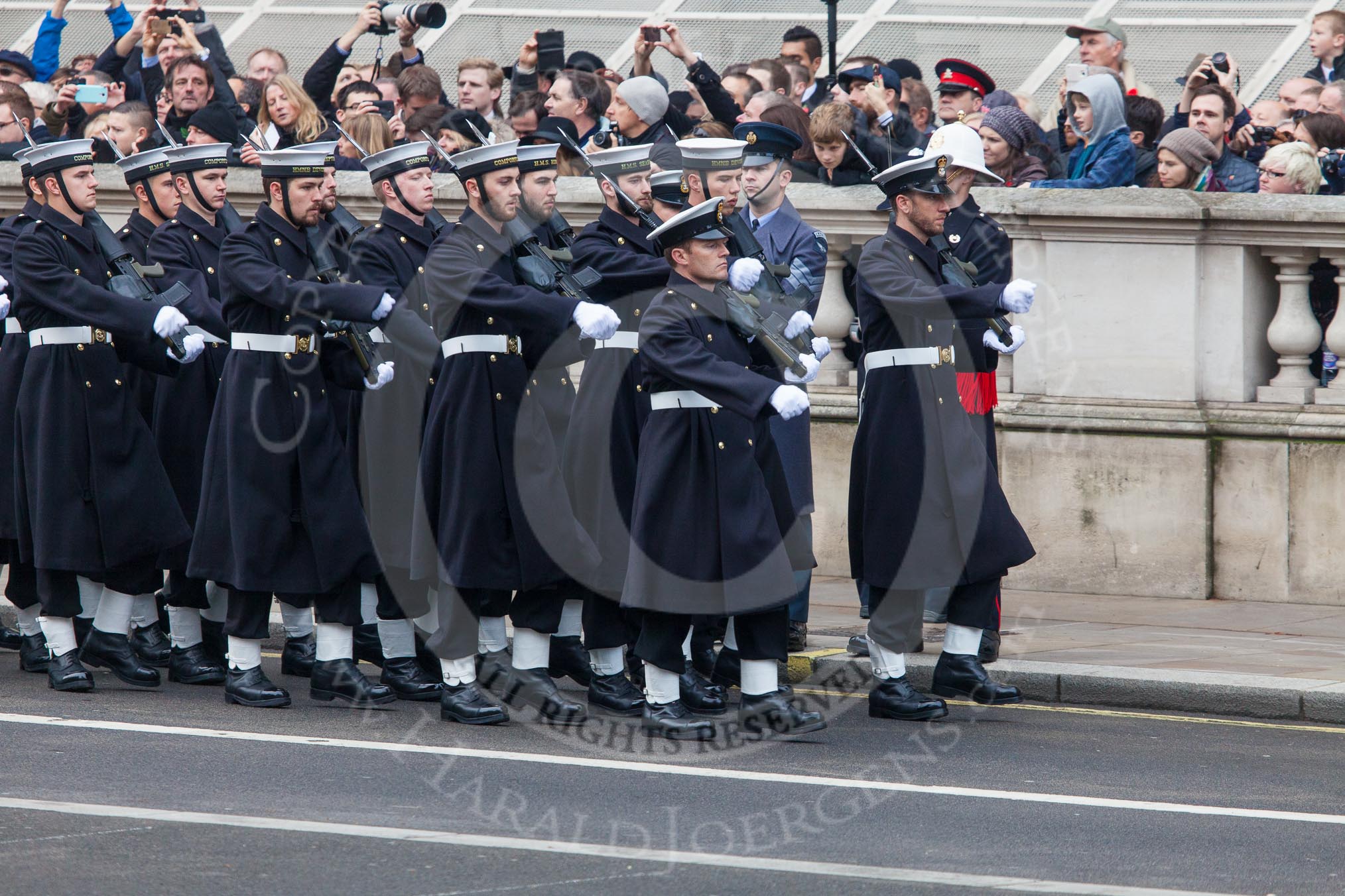 Remembrance Sunday at the Cenotaph in London 2014: The Royal Navy detachment marching towards the Cenotaph.
Press stand opposite the Foreign Office building, Whitehall, London SW1,
London,
Greater London,
United Kingdom,
on 09 November 2014 at 10:17, image #35
