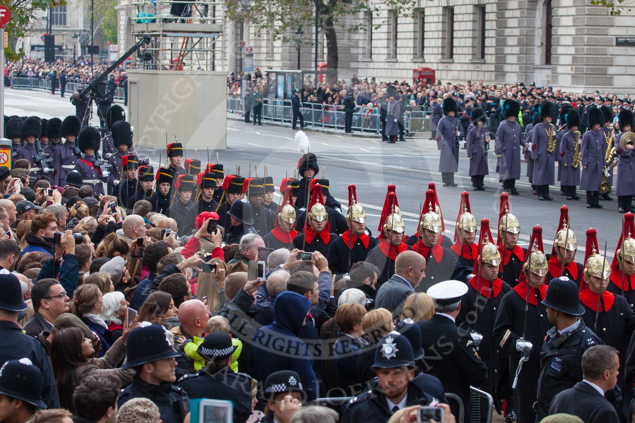Remembrance Sunday at the Cenotaph in London 2014: The detachment of the Household Cavalry , followed by the detachment of the King's Troop Royal Horse Artillery, arrives on Whitehall.
Press stand opposite the Foreign Office building, Whitehall, London SW1,
London,
Greater London,
United Kingdom,
on 09 November 2014 at 10:25, image #62