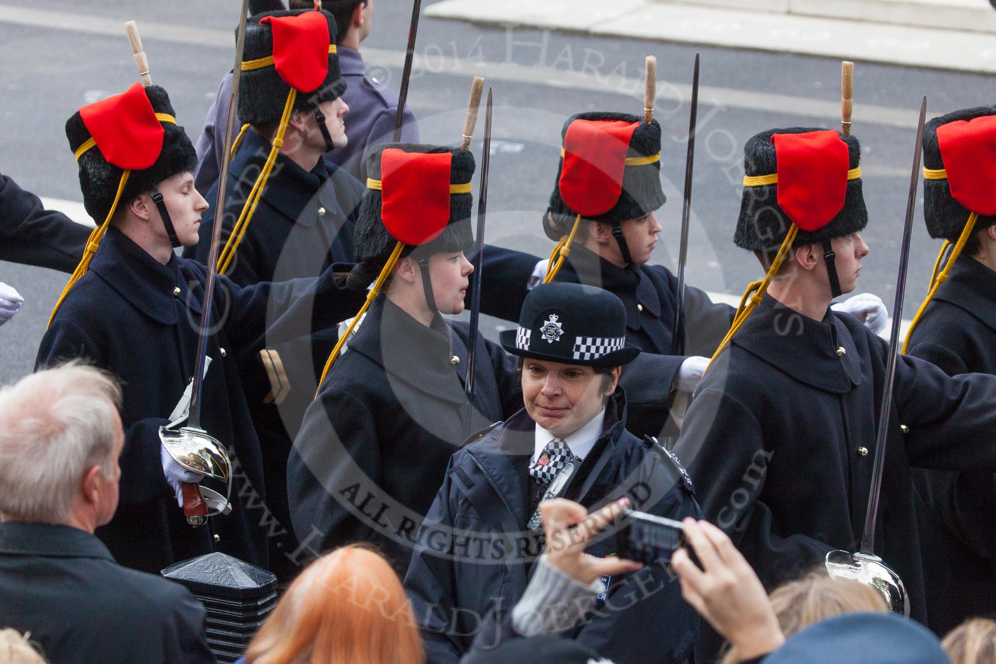 Remembrance Sunday at the Cenotaph in London 2014: The detachment of the  King's Troop Royal Horse Artillery marching towards their position on the eastern side of Whitehall.
Press stand opposite the Foreign Office building, Whitehall, London SW1,
London,
Greater London,
United Kingdom,
on 09 November 2014 at 10:25, image #64
