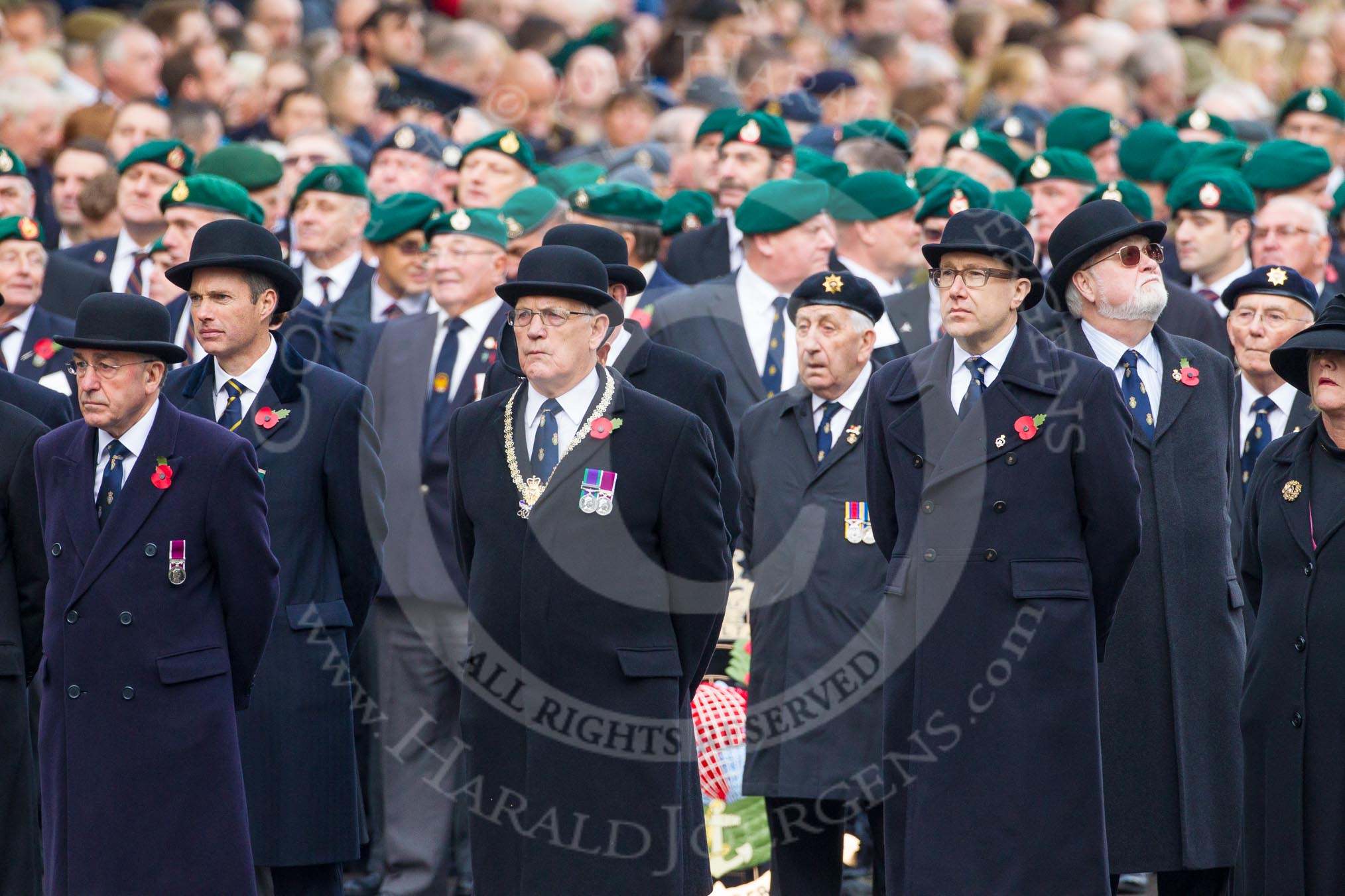 Remembrance Sunday at the Cenotaph in London 2014: The representatives of the major charities standing in front of the columns of veterans waiting for the March Past.
Press stand opposite the Foreign Office building, Whitehall, London SW1,
London,
Greater London,
United Kingdom,
on 09 November 2014 at 10:40, image #81