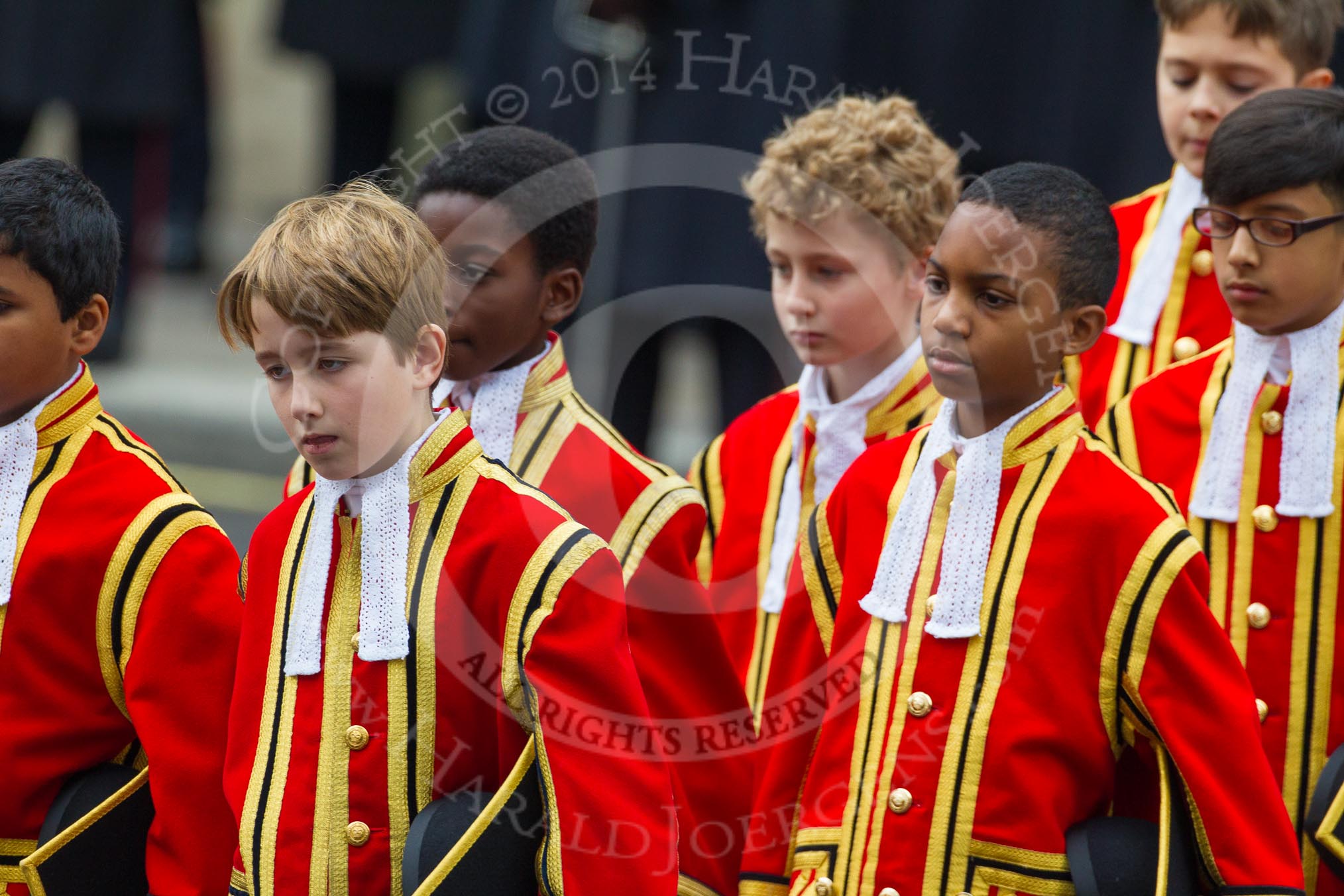 Remembrance Sunday at the Cenotaph in London 2014: The Children of the Chapel Royal, part of the choir.
Press stand opposite the Foreign Office building, Whitehall, London SW1,
London,
Greater London,
United Kingdom,
on 09 November 2014 at 10:54, image #103