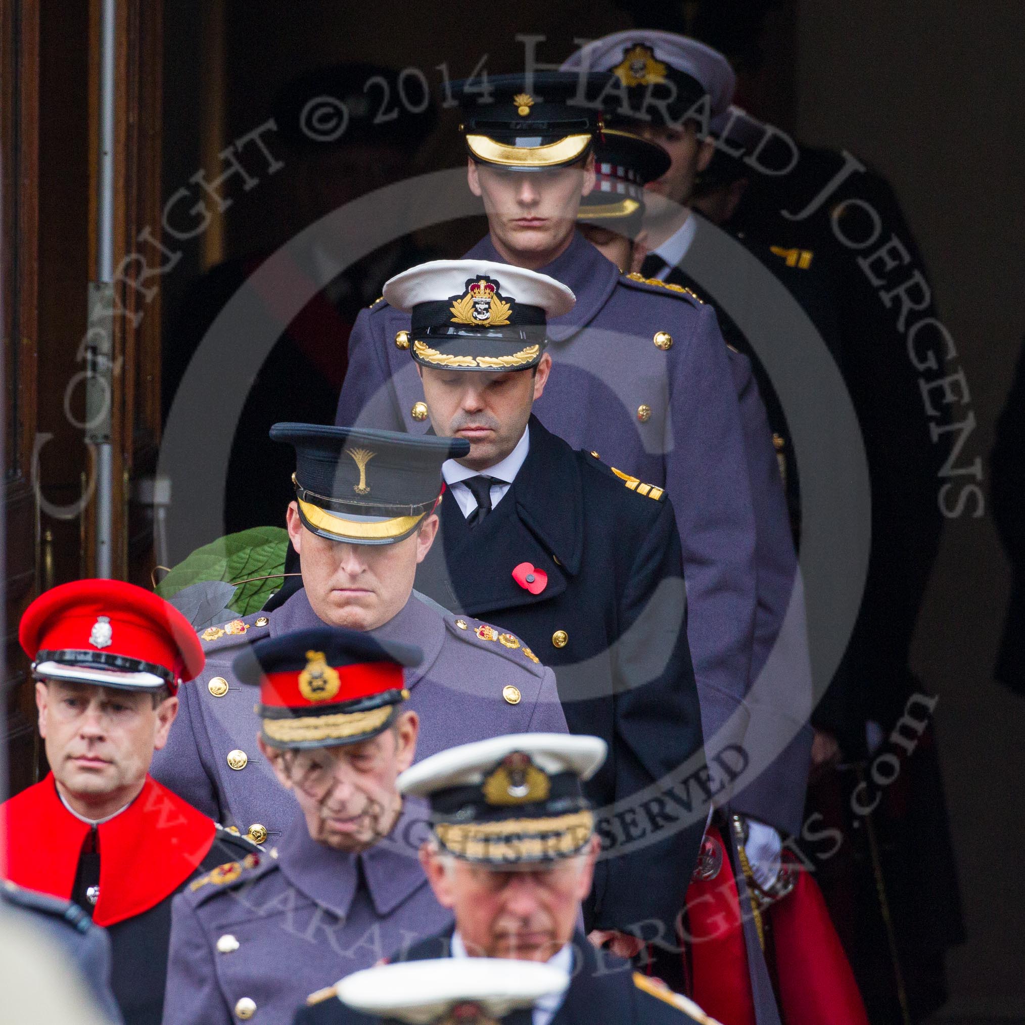 Remembrance Sunday at the Cenotaph in London 2014: Members of the Royal Family are followed by their equerries carrying their wreaths.
Press stand opposite the Foreign Office building, Whitehall, London SW1,
London,
Greater London,
United Kingdom,
on 09 November 2014 at 10:58, image #144