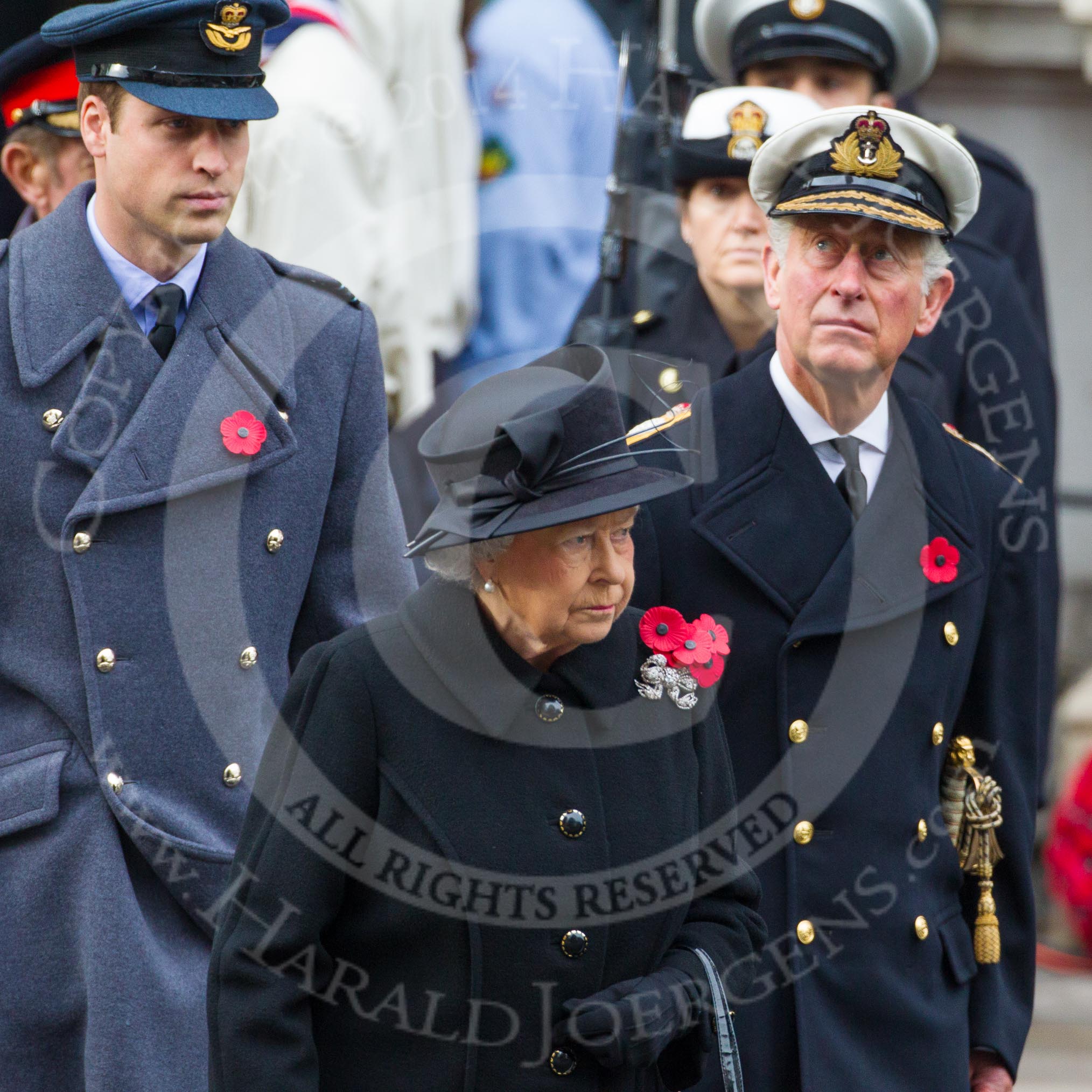 Remembrance Sunday at the Cenotaph in London 2014: HM The Queen, HRH The Duke of Edinburgh, and HRH The Duke of Cambridge on their way past the Cenotaph.
Press stand opposite the Foreign Office building, Whitehall, London SW1,
London,
Greater London,
United Kingdom,
on 09 November 2014 at 10:58, image #145