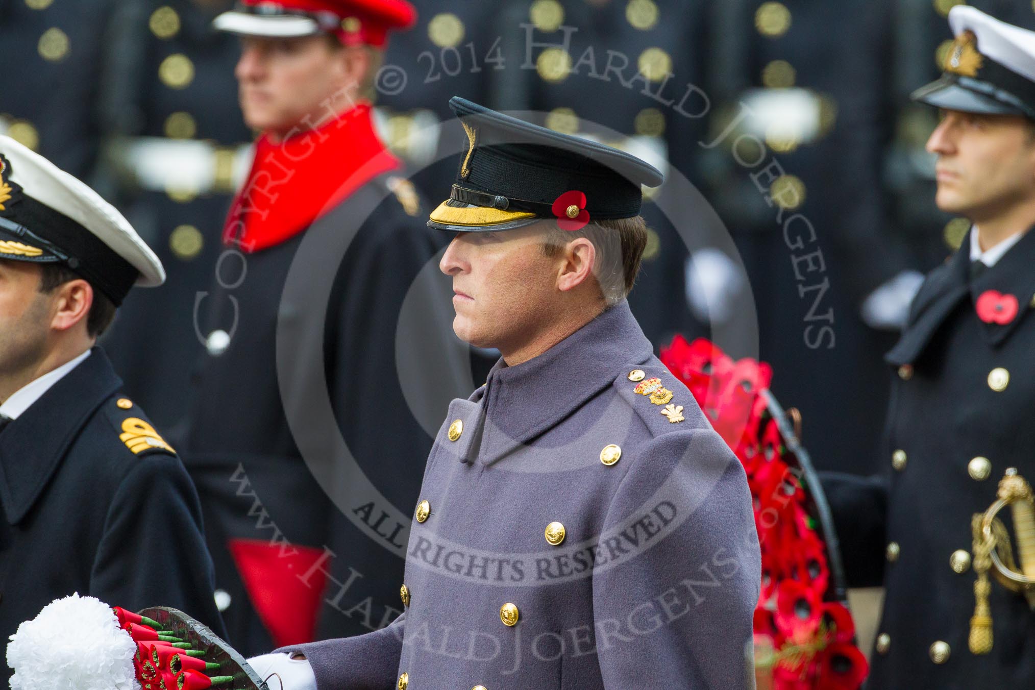 Remembrance Sunday at the Cenotaph in London 2014: Captain James Scott-Barrett, equerry to HRH The Duke of Kent.
Press stand opposite the Foreign Office building, Whitehall, London SW1,
London,
Greater London,
United Kingdom,
on 09 November 2014 at 10:59, image #157