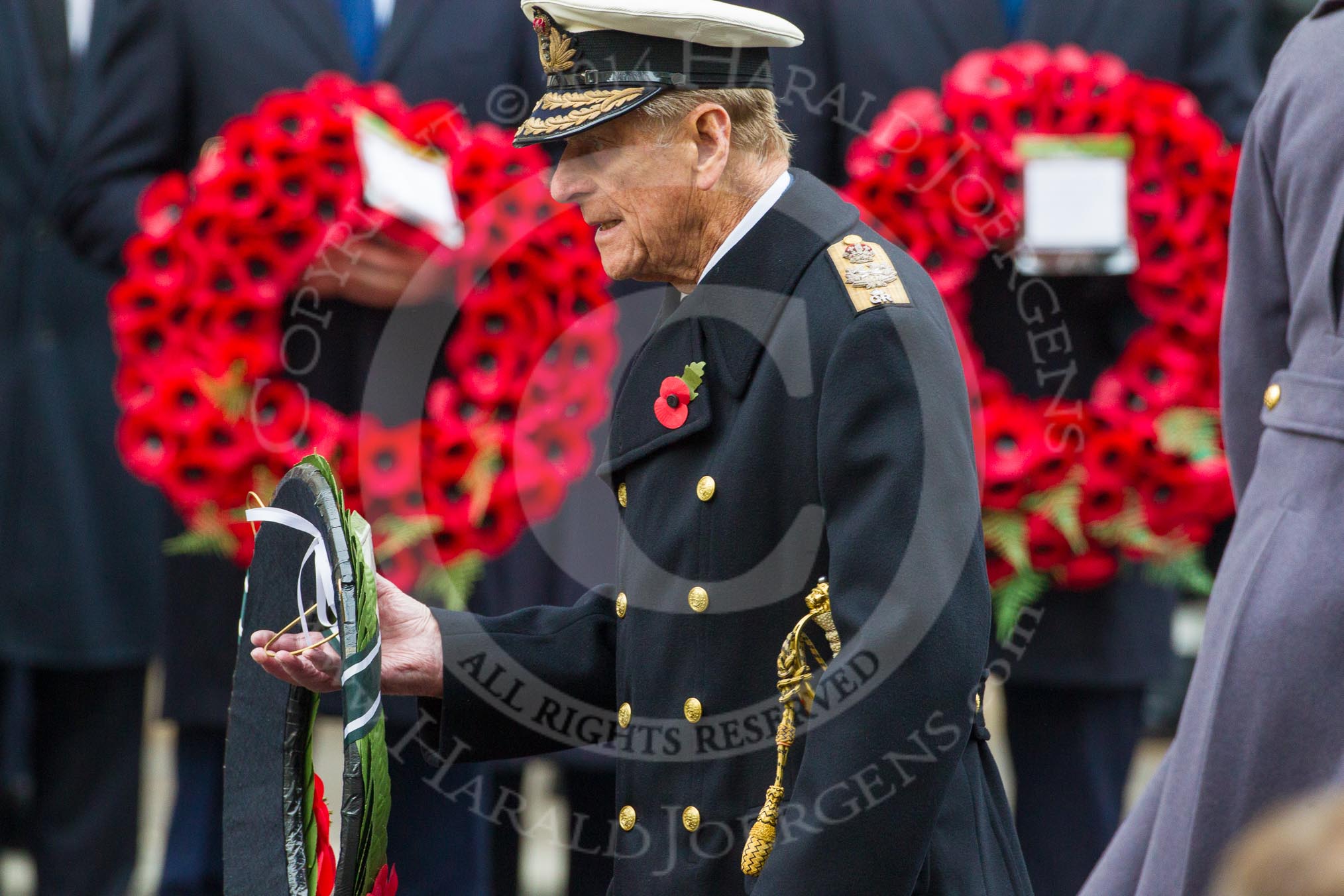 Remembrance Sunday at the Cenotaph in London 2014: HRH The Duke of Edinburgh walking towards the Cenotaph with his wreath.
Press stand opposite the Foreign Office building, Whitehall, London SW1,
London,
Greater London,
United Kingdom,
on 09 November 2014 at 11:04, image #191