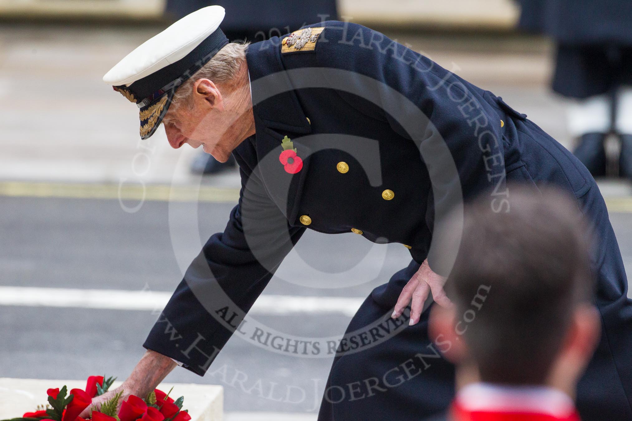 Remembrance Sunday at the Cenotaph in London 2014: HRH The Duke of Edinburgh laying his wreath at the Cenotaph.
Press stand opposite the Foreign Office building, Whitehall, London SW1,
London,
Greater London,
United Kingdom,
on 09 November 2014 at 11:04, image #192