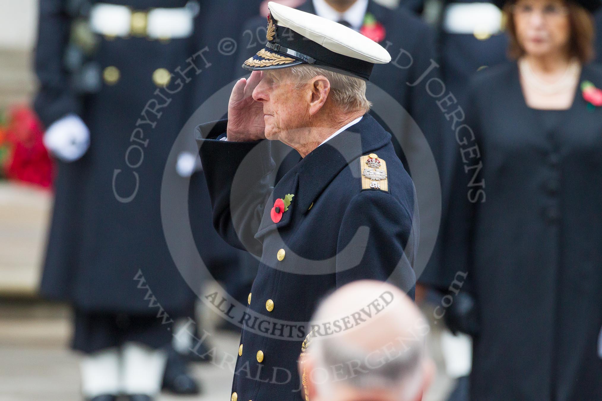 Remembrance Sunday at the Cenotaph in London 2014: HRH The Duke of Edinburgh saluting at the Cenotaph.
Press stand opposite the Foreign Office building, Whitehall, London SW1,
London,
Greater London,
United Kingdom,
on 09 November 2014 at 11:04, image #193