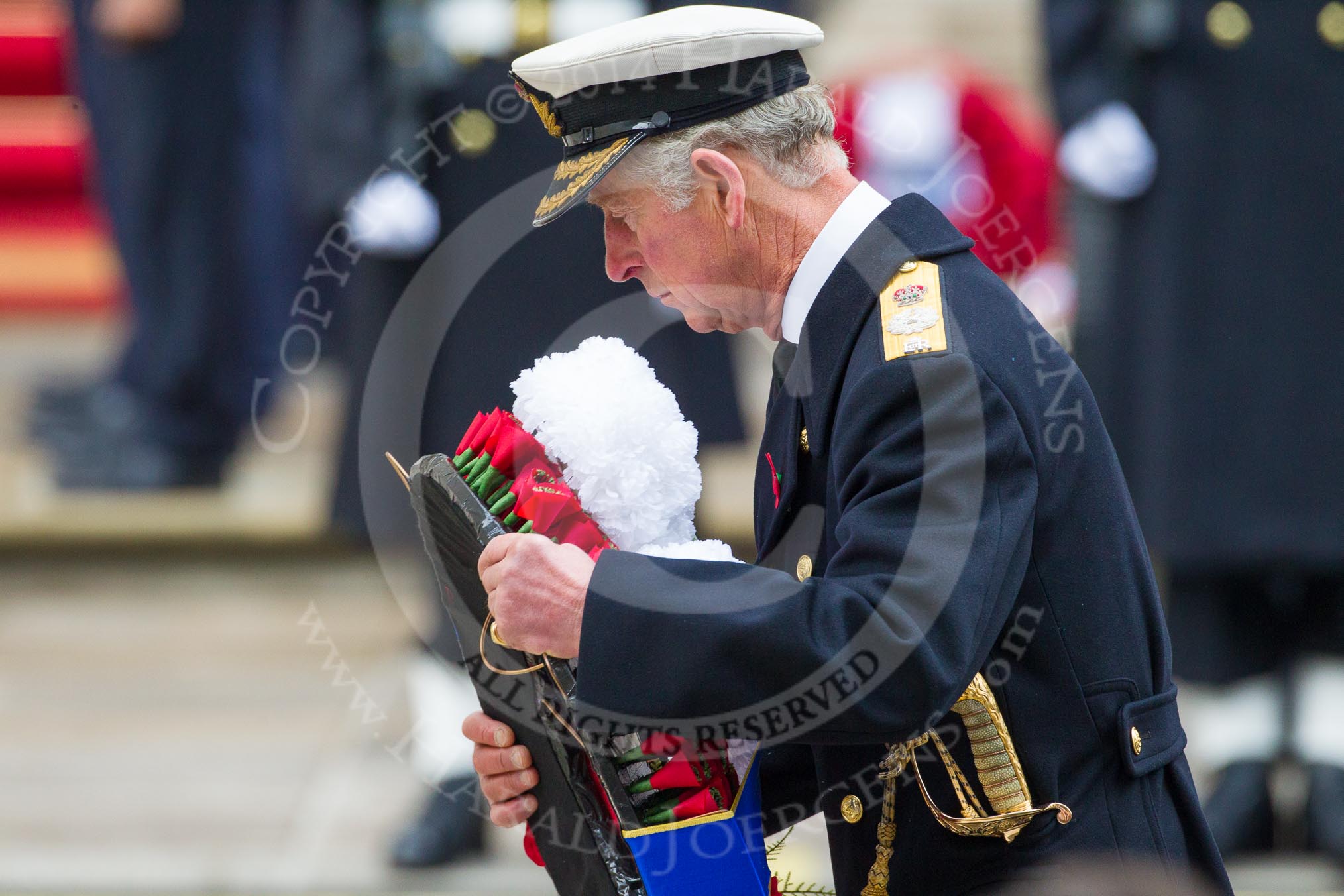 Remembrance Sunday at the Cenotaph in London 2014: HRH the Prince of Wales walking towards the Cenotaph with his wreath.
Press stand opposite the Foreign Office building, Whitehall, London SW1,
London,
Greater London,
United Kingdom,
on 09 November 2014 at 11:04, image #196