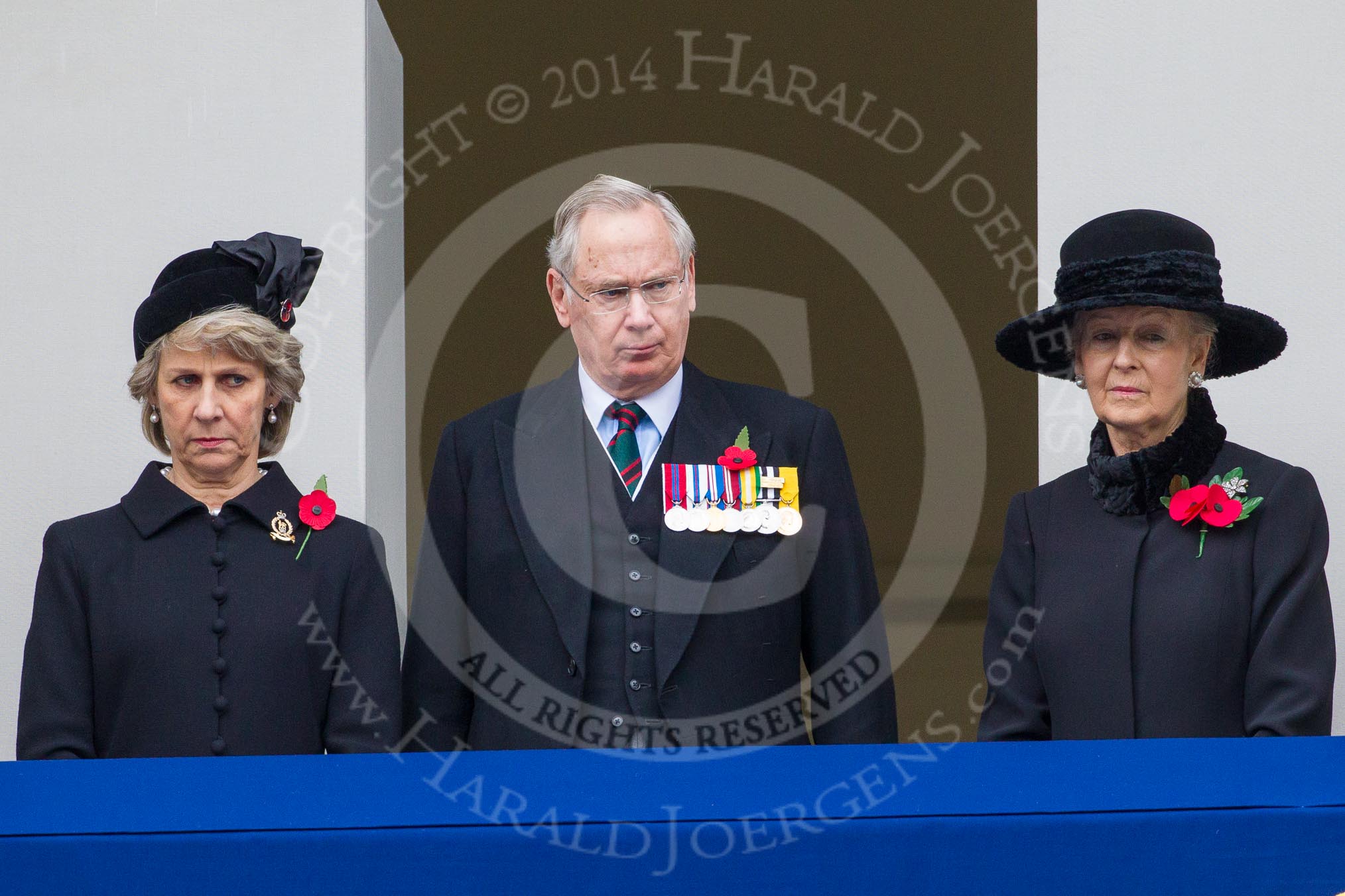 Remembrance Sunday at the Cenotaph in London 2014: THR The Duchess and Duke of Gloucester, and HRH Princess Alexandra, the Hon. Lady Ogilvy, on the centre balcony of the Foreign- and Commonwealth Office building.
Press stand opposite the Foreign Office building, Whitehall, London SW1,
London,
Greater London,
United Kingdom,
on 09 November 2014 at 11:05, image #199