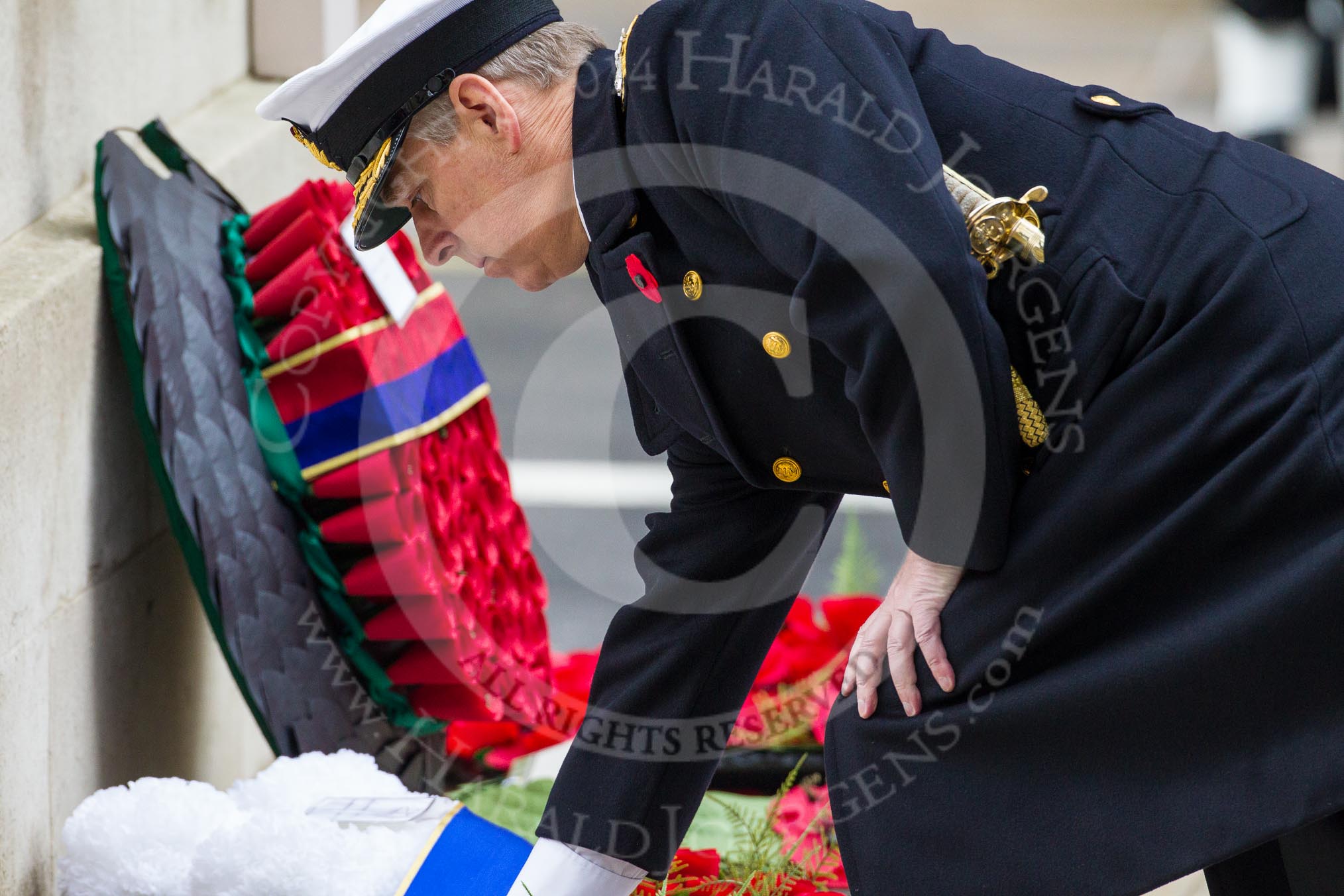Remembrance Sunday at the Cenotaph in London 2014: HRH The Duke of York laying his wreath at the Cenotaph.
Press stand opposite the Foreign Office building, Whitehall, London SW1,
London,
Greater London,
United Kingdom,
on 09 November 2014 at 11:05, image #208