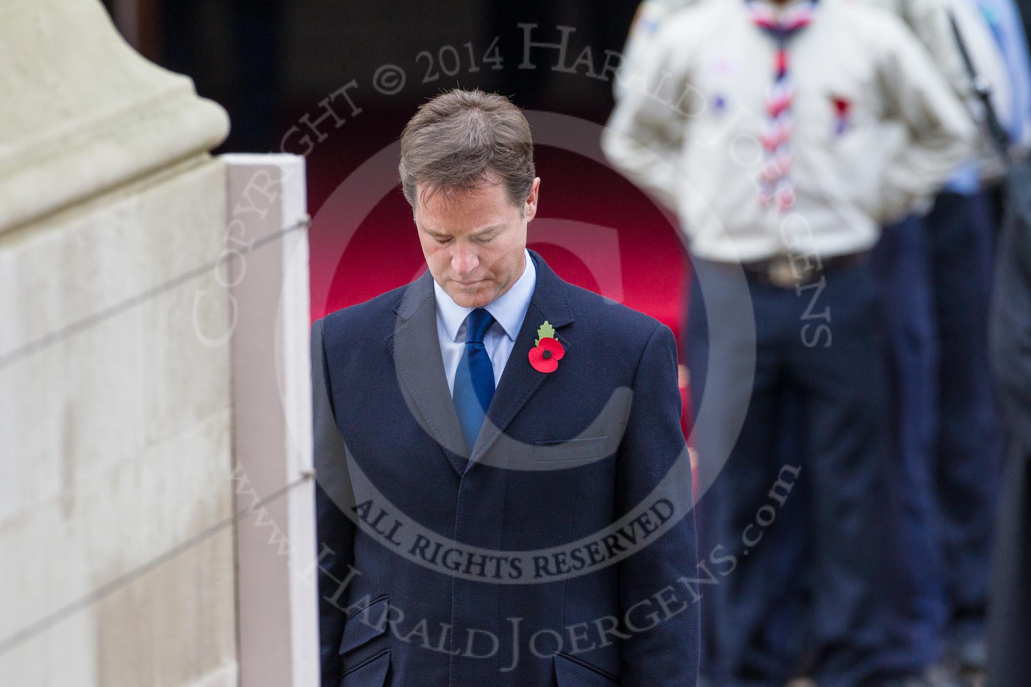 Remembrance Sunday at the Cenotaph in London 2014: The leader of the Liberal Demicrats, Nick Clegg, standing at the Cenotaph after having laid his wreath.
Press stand opposite the Foreign Office building, Whitehall, London SW1,
London,
Greater London,
United Kingdom,
on 09 November 2014 at 11:07, image #224