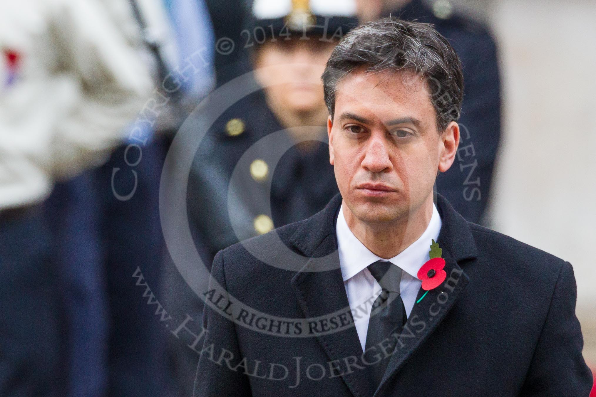 Remembrance Sunday at the Cenotaph in London 2014: Ed Miliband, the Leader of the Opposition, standing at the Cenotaph after having laid his wreath.
Press stand opposite the Foreign Office building, Whitehall, London SW1,
London,
Greater London,
United Kingdom,
on 09 November 2014 at 11:08, image #228