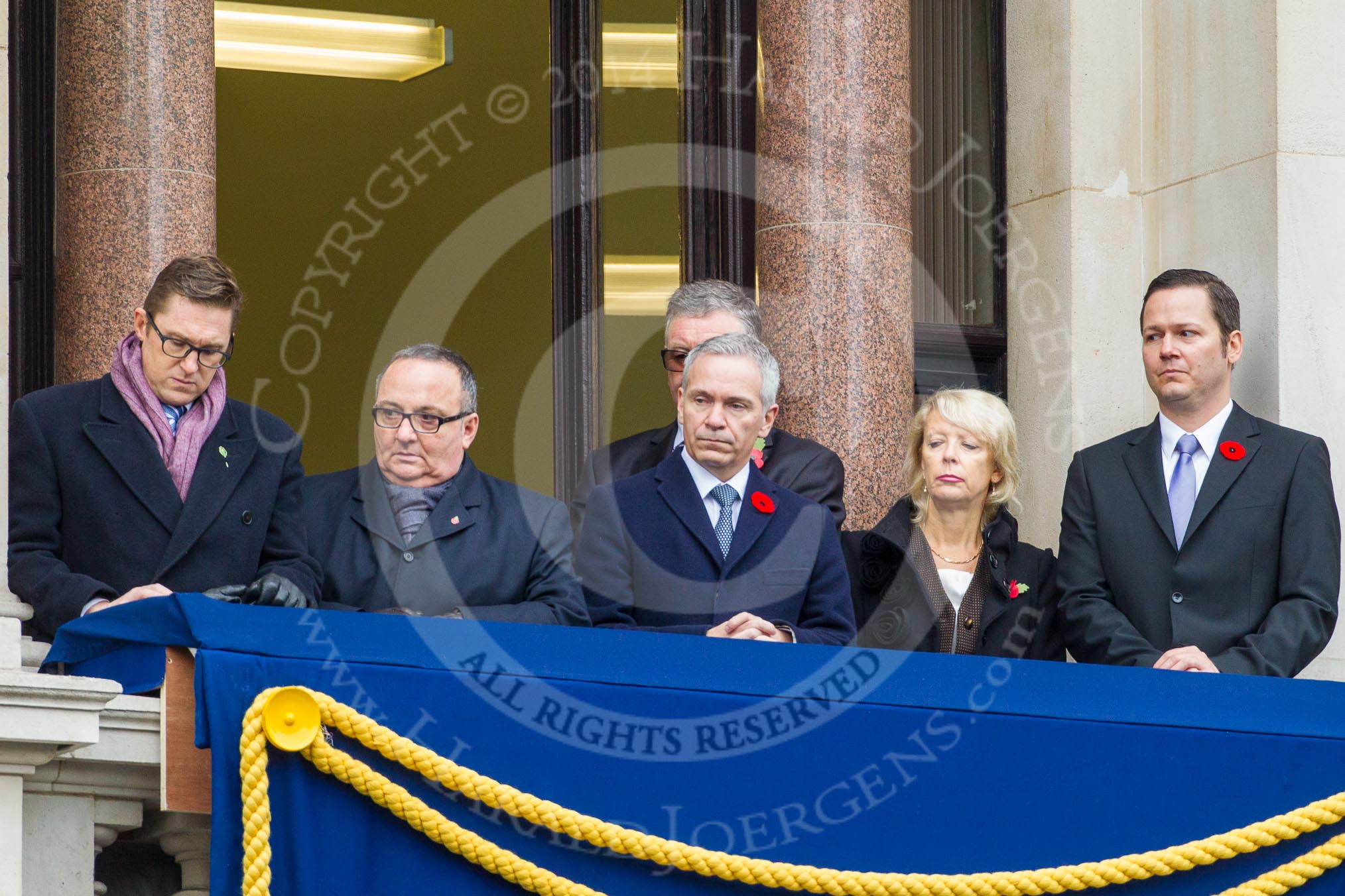Remembrance Sunday at the Cenotaph in London 2014: Guests watching the ceremony from one of the balconies of the Foreign- and Commonwealth Office.
Press stand opposite the Foreign Office building, Whitehall, London SW1,
London,
Greater London,
United Kingdom,
on 09 November 2014 at 11:11, image #244