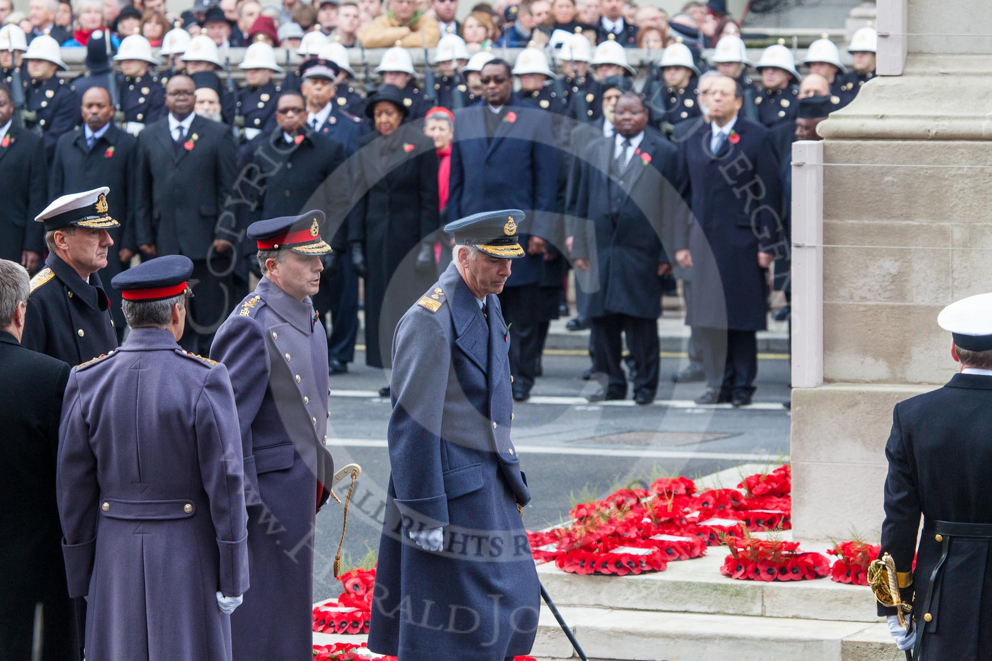 Remembrance Sunday at the Cenotaph in London 2014: Admiral Sir George Zambellas, representing the Royal Navy, General Sir Nicholas Houghton  as the Chief of the Defence Staff, and Air Chief Marshall Sir Andrew Pulford for the RAF after laying their wreaths.
Press stand opposite the Foreign Office building, Whitehall, London SW1,
London,
Greater London,
United Kingdom,
on 09 November 2014 at 11:14, image #260