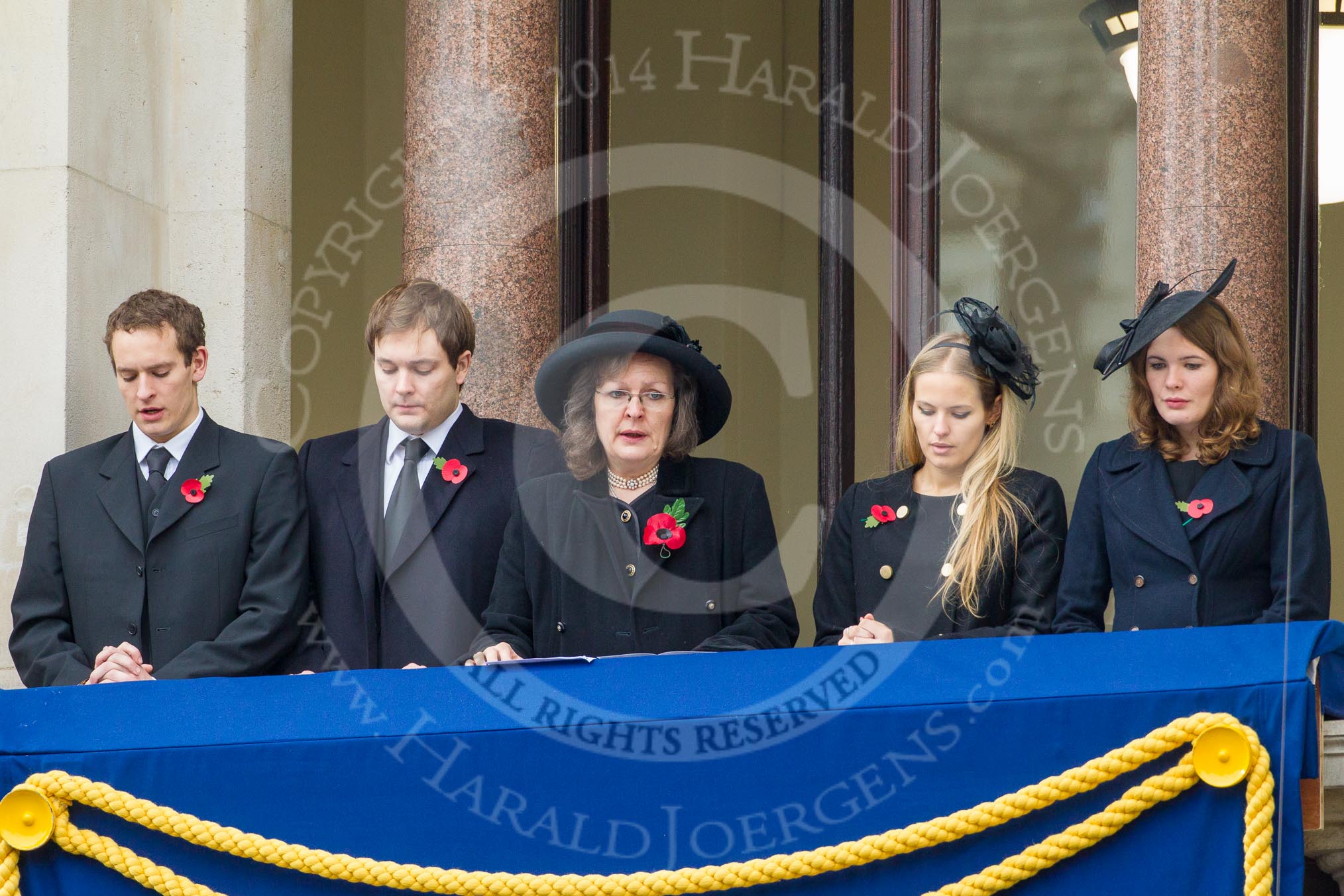 Remembrance Sunday at the Cenotaph in London 2014: Guests singing during the service on one of the balconies of the Foreign- and Commonwealth Office.
Press stand opposite the Foreign Office building, Whitehall, London SW1,
London,
Greater London,
United Kingdom,
on 09 November 2014 at 11:17, image #274