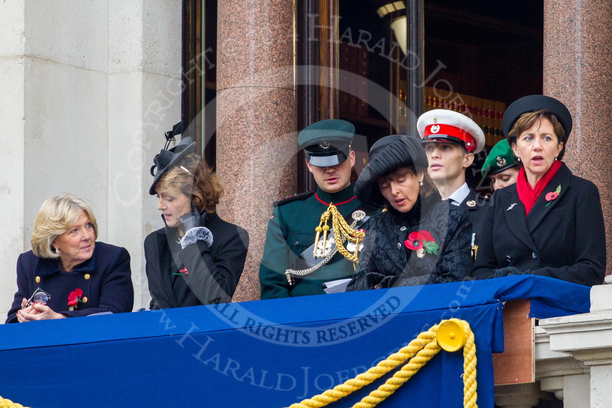 Remembrance Sunday at the Cenotaph in London 2014: v.
Press stand opposite the Foreign Office building, Whitehall, London SW1,
London,
Greater London,
United Kingdom,
on 09 November 2014 at 11:17, image #278
