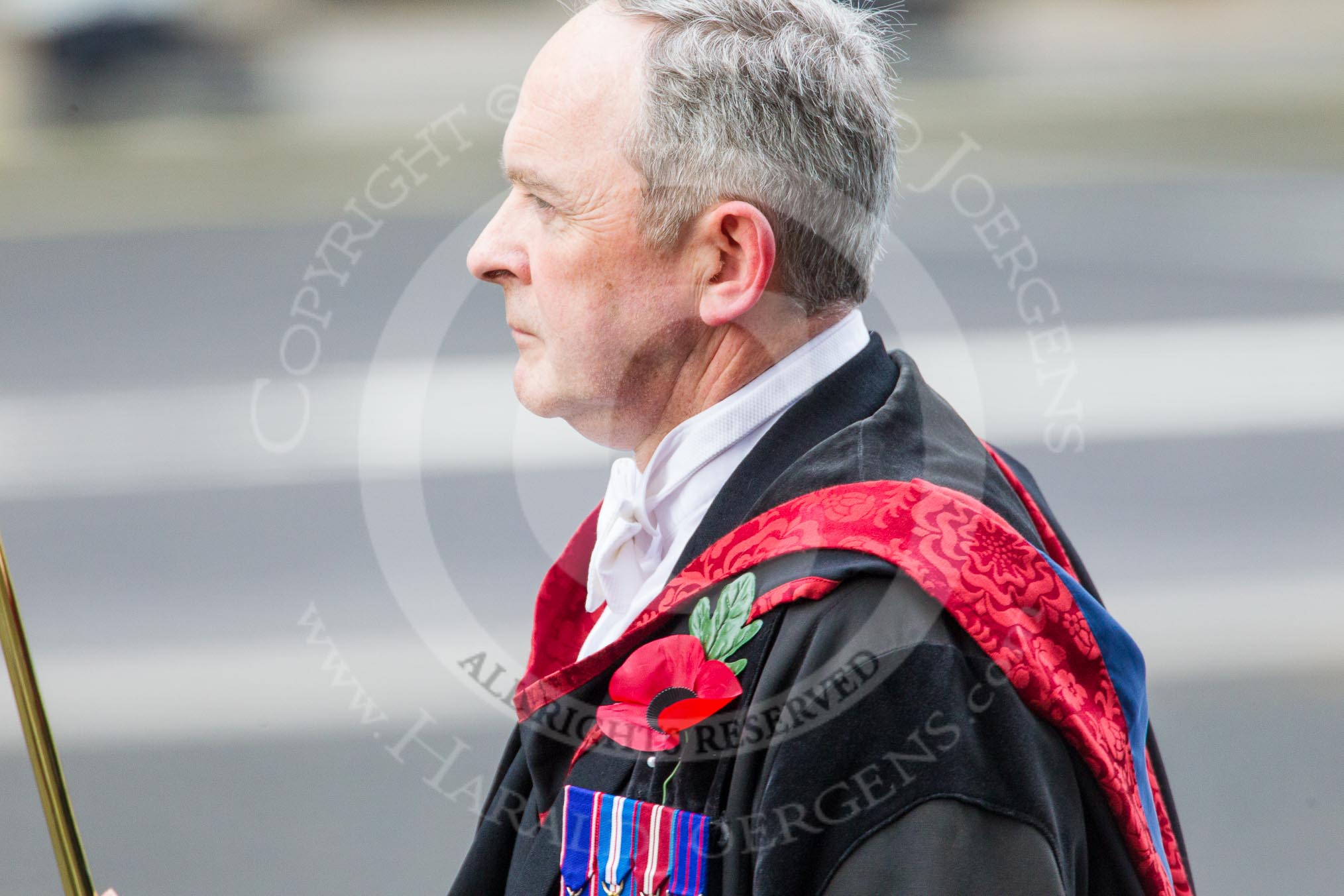 Remembrance Sunday at the Cenotaph in London 2014: David Baldwin , the Serjeant of the Vestry, on the way back to the Foreign- and Commonwealth Office.
Press stand opposite the Foreign Office building, Whitehall, London SW1,
London,
Greater London,
United Kingdom,
on 09 November 2014 at 11:22, image #296