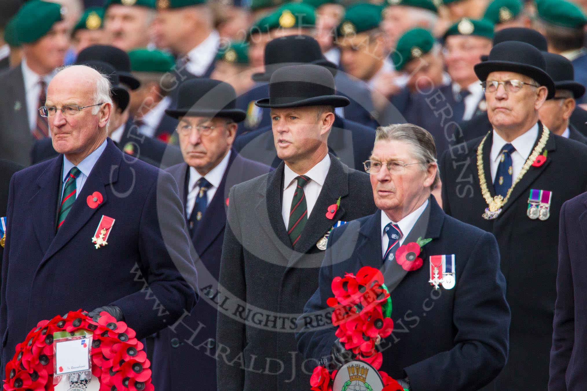 Remembrance Sunday at the Cenotaph in London 2014: The representatives of the major charities about to lay their wreaths at the Cenotaph.
Press stand opposite the Foreign Office building, Whitehall, London SW1,
London,
Greater London,
United Kingdom,
on 09 November 2014 at 11:26, image #300
