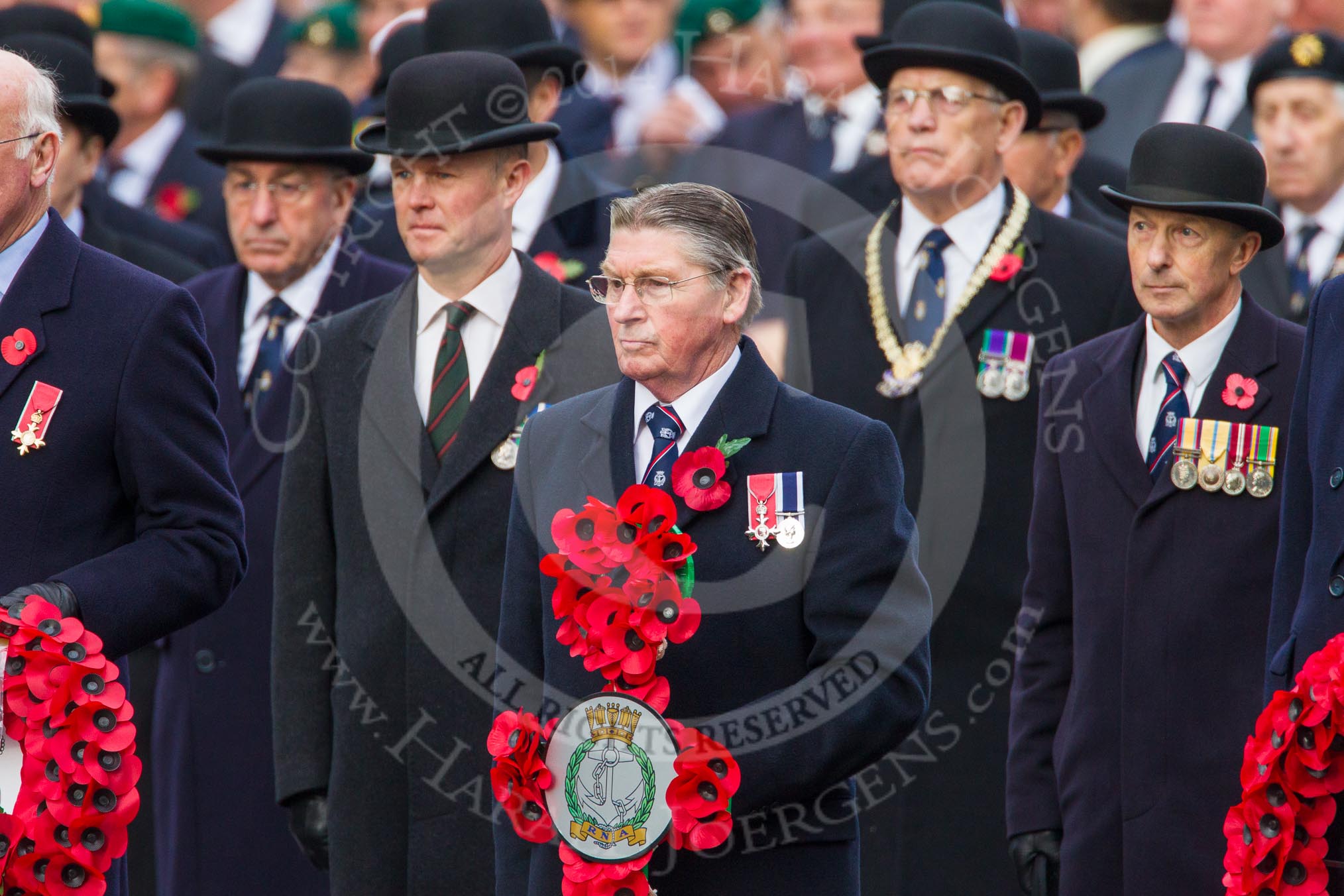 Remembrance Sunday at the Cenotaph in London 2014: The representative of the Royal Nacy Association with his wreath.
Press stand opposite the Foreign Office building, Whitehall, London SW1,
London,
Greater London,
United Kingdom,
on 09 November 2014 at 11:26, image #301