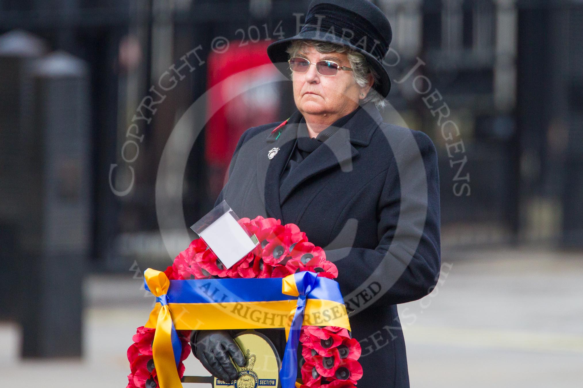 Remembrance Sunday at the Cenotaph in London 2014: The Royal British Legion Women’s Section National Chairman Mrs Marilyn Humphry.
Press stand opposite the Foreign Office building, Whitehall, London SW1,
London,
Greater London,
United Kingdom,
on 09 November 2014 at 11:26, image #303