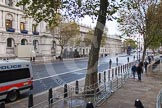 Remembrance Sunday at the Cenotaph in London 2014: Whitehall at 8am. Spectators are still waiting behind the security checks, and there is a strong police presence..
Press stand opposite the Foreign Office building, Whitehall, London SW1,
London,
Greater London,
United Kingdom,
on 09 November 2014 at 08:01, image #1