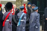 Remembrance Sunday at the Cenotaph in London 2014: The "marker detail personell" at the gate to Downing Street. When they return to Whitehall, they will mark the positions for the armed forces detachments that will line Whitehall.
Press stand opposite the Foreign Office building, Whitehall, London SW1,
London,
Greater London,
United Kingdom,
on 09 November 2014 at 09:54, image #21