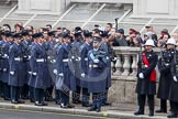 Remembrance Sunday at the Cenotaph in London 2014: The Royal Air Force detachment gets into position on the northern side of Whitehall, next to the Royal Marines detachment.
Press stand opposite the Foreign Office building, Whitehall, London SW1,
London,
Greater London,
United Kingdom,
on 09 November 2014 at 10:34, image #77