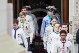 Remembrance Sunday at the Cenotaph in London 2014: The Queen's Scouts emerging from the Foreign- and Commonwealth Office to form a Guard of Honour.
Press stand opposite the Foreign Office building, Whitehall, London SW1,
London,
Greater London,
United Kingdom,
on 09 November 2014 at 10:45, image #89