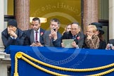 Remembrance Sunday at the Cenotaph in London 2014: Guests watching the ceremony from one of the balconies of the Foreign- and Commonwealth Office.
Press stand opposite the Foreign Office building, Whitehall, London SW1,
London,
Greater London,
United Kingdom,
on 09 November 2014 at 11:11, image #242