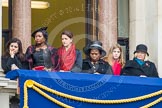 Remembrance Sunday at the Cenotaph in London 2014: Guests watching the ceremony from one of the balconies of the Foreign- and Commonwealth Office.
Press stand opposite the Foreign Office building, Whitehall, London SW1,
London,
Greater London,
United Kingdom,
on 09 November 2014 at 11:11, image #243