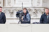 Remembrance Sunday at the Cenotaph in London 2014: A TV camera team at the Foreign- and Commonwealth Office.
Press stand opposite the Foreign Office building, Whitehall, London SW1,
London,
Greater London,
United Kingdom,
on 09 November 2014 at 11:17, image #280
