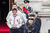 Remembrance Sunday at the Cenotaph in London 2014: Members of the Royal Navy detachment and the Queen's Scouts singing during the service.
Press stand opposite the Foreign Office building, Whitehall, London SW1,
London,
Greater London,
United Kingdom,
on 09 November 2014 at 11:17, image #281