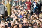 Remembrance Sunday at the Cenotaph in London 2014: Spectators on the eastern side of Whitehall waiting for the barriers to be removed..
Press stand opposite the Foreign Office building, Whitehall, London SW1,
London,
Greater London,
United Kingdom,
on 09 November 2014 at 12:24, image #320