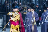 Remembrance Sunday at the Cenotaph in London 2014: Senior Drum Major Matthew Betts, Grenadier Guards, leading the band of the Scots Guards off Whithall after the event.
Press stand opposite the Foreign Office building, Whitehall, London SW1,
London,
Greater London,
United Kingdom,
on 09 November 2014 at 12:32, image #325